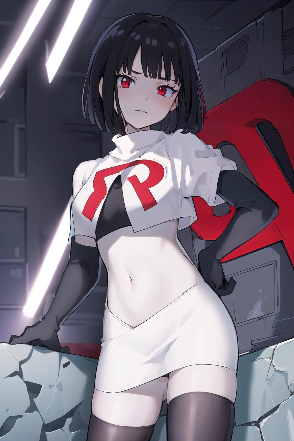 masterpiece, best quality, portrait, 1girl,  pale skin, black hair, bangs, short hair, red eyes, team rocket,team rocket uniform, red letter R, white skirt,white crop top,black thigh-highs, black elbow gloves,