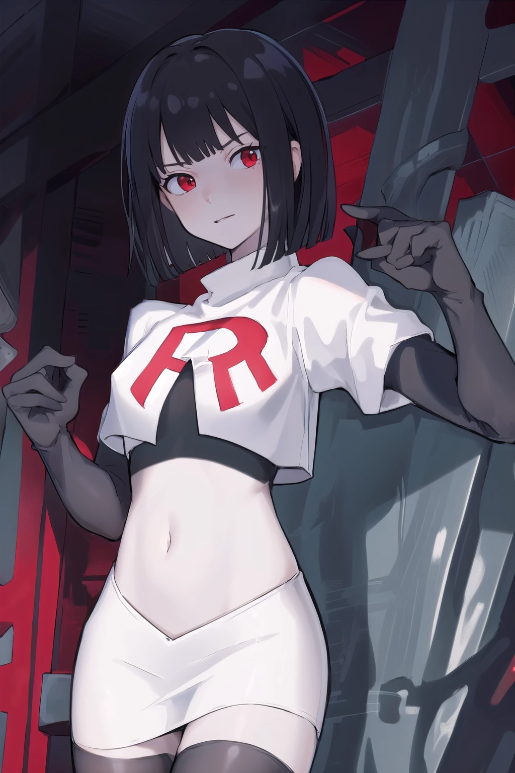 masterpiece, best quality, portrait, 1girl,  pale skin, black hair, bangs, short hair, red eyes, team rocket,team rocket uniform, red letter R, white skirt,white crop top,black thigh-highs, black elbow gloves,