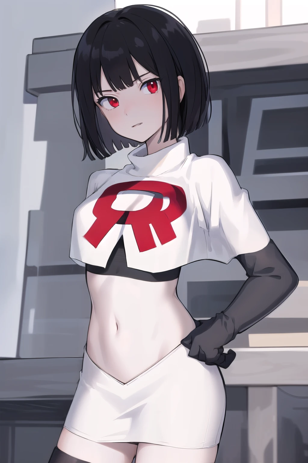 masterpiece, best quality, portrait, 1girl,  pale skin, black hair, bangs, short hair, red eyes, team rocket,team rocket uniform, red letter R, white skirt,white crop top,black thigh-highs, black elbow gloves,