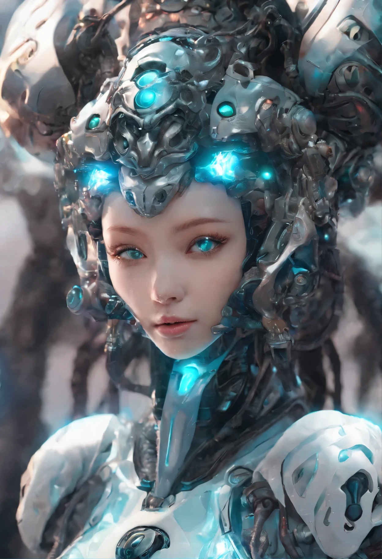 (Portrait of a beautiful yet frightening female alien teenager:1.4), ((There is a female genital-like organ in the middle of the forehead.:1.8)), (realistic face:1.2), Super realistic clear skin, she is very sleepy, (Number of award-winning masterpieces々, incredibly detailed, Texture and maximum detail), midnight aura, unreal engine 5, super sharp focus, midnight aura, unreal engine 5, super sharp focus, (art by Amano Yoshitaka:1.5), art germ, Reusch, intricate artwork, ultra realistic realism, High resolution, High freshness, draw faithfully, official art, Unity 8K 壁紙, Super detailed artistic photography, dream-like, fantasy creation, dream snail, (biopunk nautilus:1.3),thrilling color scheme, amazing mutation, well-proportioned body, goddess of the deep sea, fractal, Geometric pattern, impossible numberany transparent white tentacles with luminescent organs:1.4), Subtle emerald green accents, (smile seductively:1.3),(she has the most beautiful face in the history of the universe:1.5), (She looks down at the viewer with glowing red eyes without pupils:1.3), an evil gaze that seduces, cinematic lighting, (no makeup:1.3), (From the gap between your cute lips、Long canine teeth peek out like a vampire:1.5), in the palace hall, A sweet sigh leaks from your beautiful lips, ecstatic expression, She has countless hair-like translucent tentacles on her head.。
