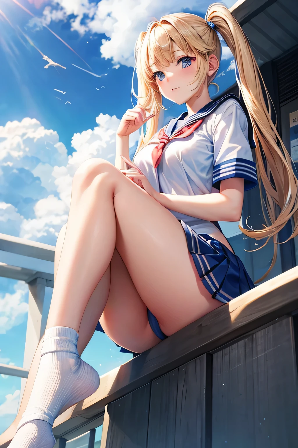 panty shot、sailor suit、Beautiful Girl Magician、blonde twintails、((whole body))、(((photo taken from below)))、school gate