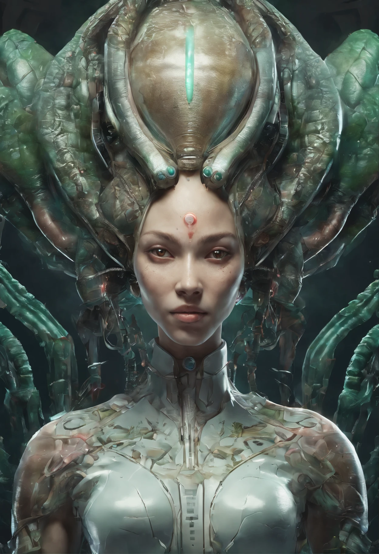 (Portrait of a beautiful yet frightening female alien ager:1.4), ((There is a female genital-like organ in the middle of the forehead.:1.8)), (realistic face:1.2), Super realistic clear skin, she is very sleepy, (Number of award-winning masterpieces々, incredibly detailed, Texture and maximum detail), midnight aura, unreal engine 5, super sharp focus, midnight aura, unreal engine 5, super sharp focus, (art by Amano Yoshitaka:1.5), art germ, Reusch, intricate artwork, ultra realistic realism, High resolution, High freshness, draw faithfully, official art, Unity 8K 壁紙, Super detailed artistic photography, dream-like, fantasy creation, dream snail, (biopunk nautilus:1.3),thrilling color scheme, amazing mutation, well-proportioned body, goddess of the deep sea, fractal, Geometric pattern, impossible numberany transparent white tentacles with luminescent organs:1.4), Subtle emerald green accents, (smile seductively:1.3),(she has the most beautiful face in the history of the universe:1.5), (She looks down at the viewer with glowing red eyes without pupils:1.3), an evil gaze that seduces, cinematic lighting, (no makeup:1.3), (From the gap between your cute lips、Long canine teeth peek out like a vampire:1.5), in the palace hall, A sweet sigh leaks from your beautiful lips, ecstatic expression, She has countless hair-like translucent tentacles on her head.。