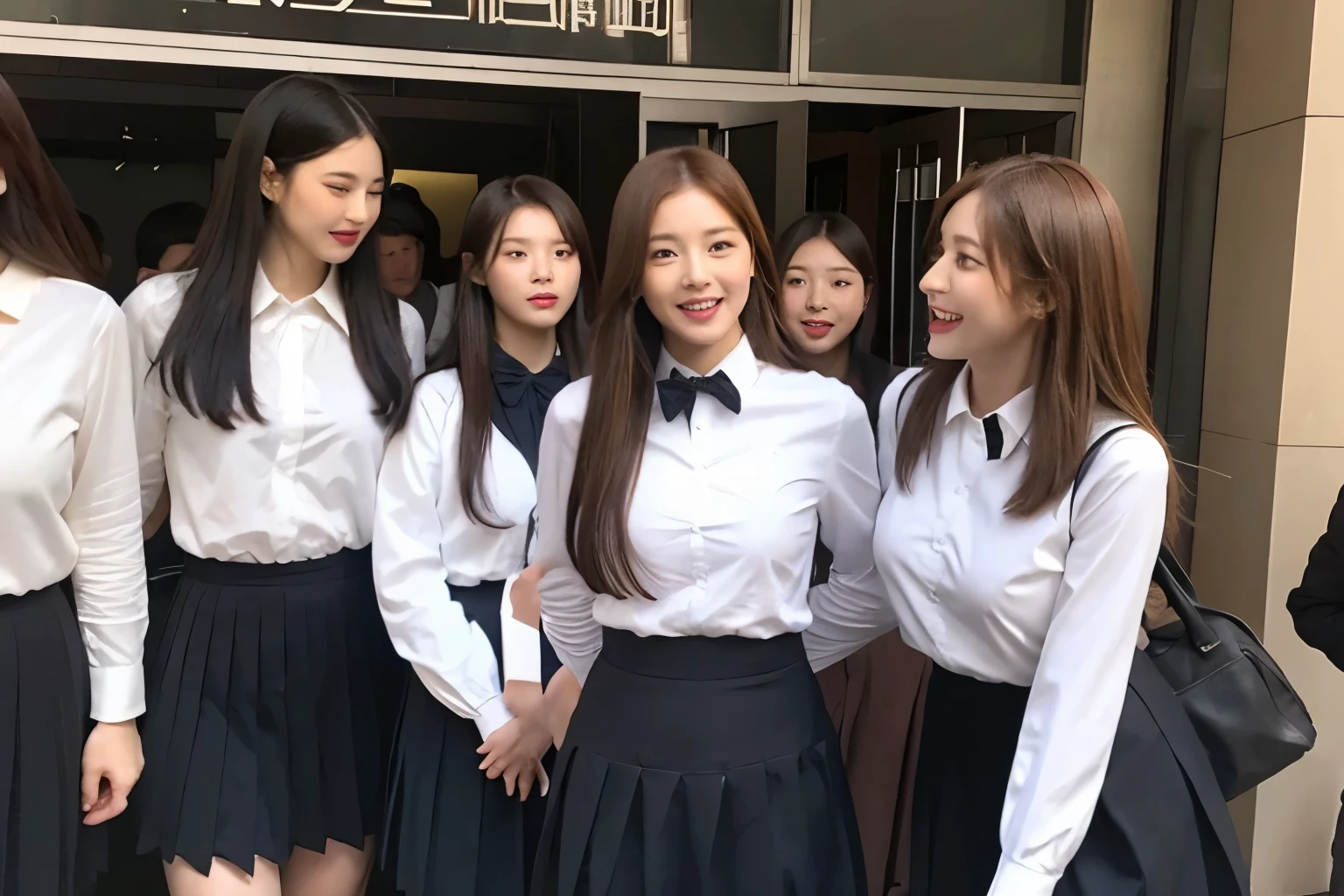 (realistic, High resolution:1.2), very detailed face and eyes, big breasts、early spring clothes、brown hair、medium long hair、Smooth hair、long bob hair、outside、skirt above the knee、indoor、Looks like he&#39;s having fun talking、School、classroom、Break time、a man surrounded by women、woman giving chocolate、a man receives chocolate、uniform、People around me look happy、Three women and one man are surrounded by