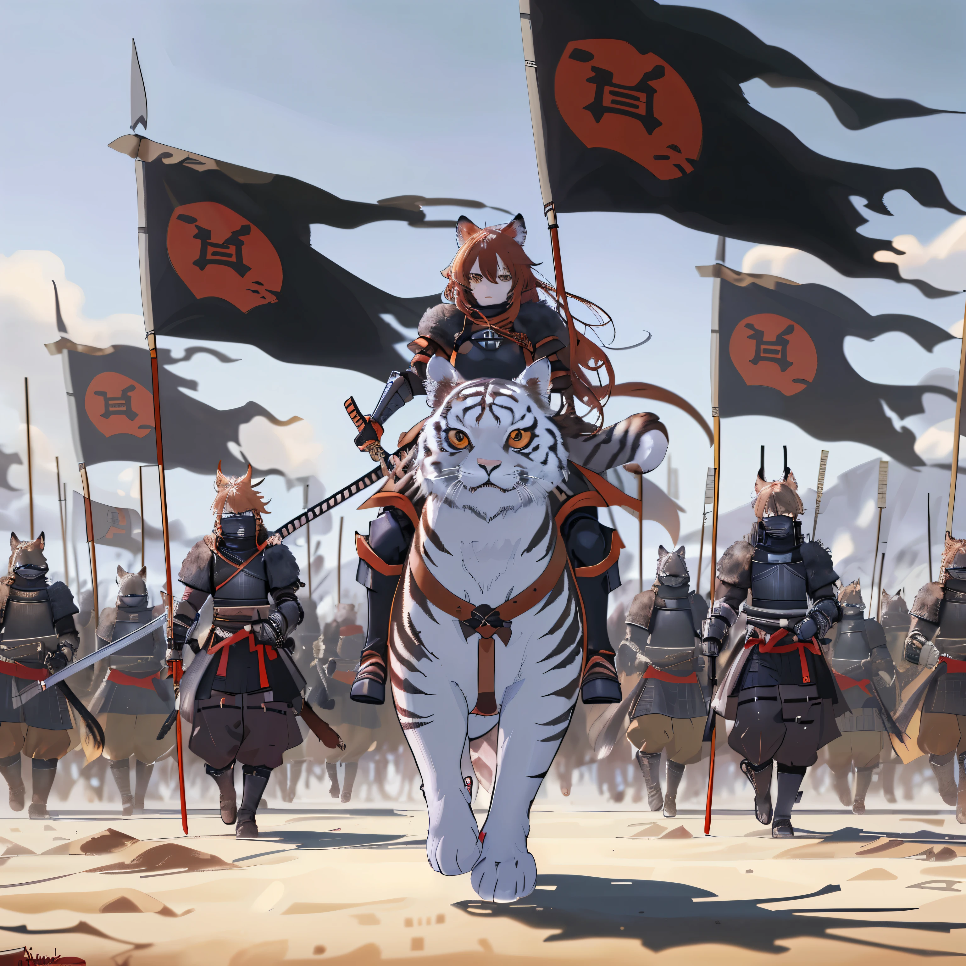 army of anthropomorphic cats in kemono style, eles usam armadura de samurai, em um grande deserto, carregar bandeiras negras, com um gato vermelho minimalista pintado e espadas, march towards the camera on foot, andar organizado em filas, your commander is in the middle highlighted, is a kemono-style anthropomorphic cat, montando um tigre dente de sabre branco, com armadura pesada, her hair is brown with red highlights, her fur is light brown, epic scene, estilo anime , battle composition, Widescreen.