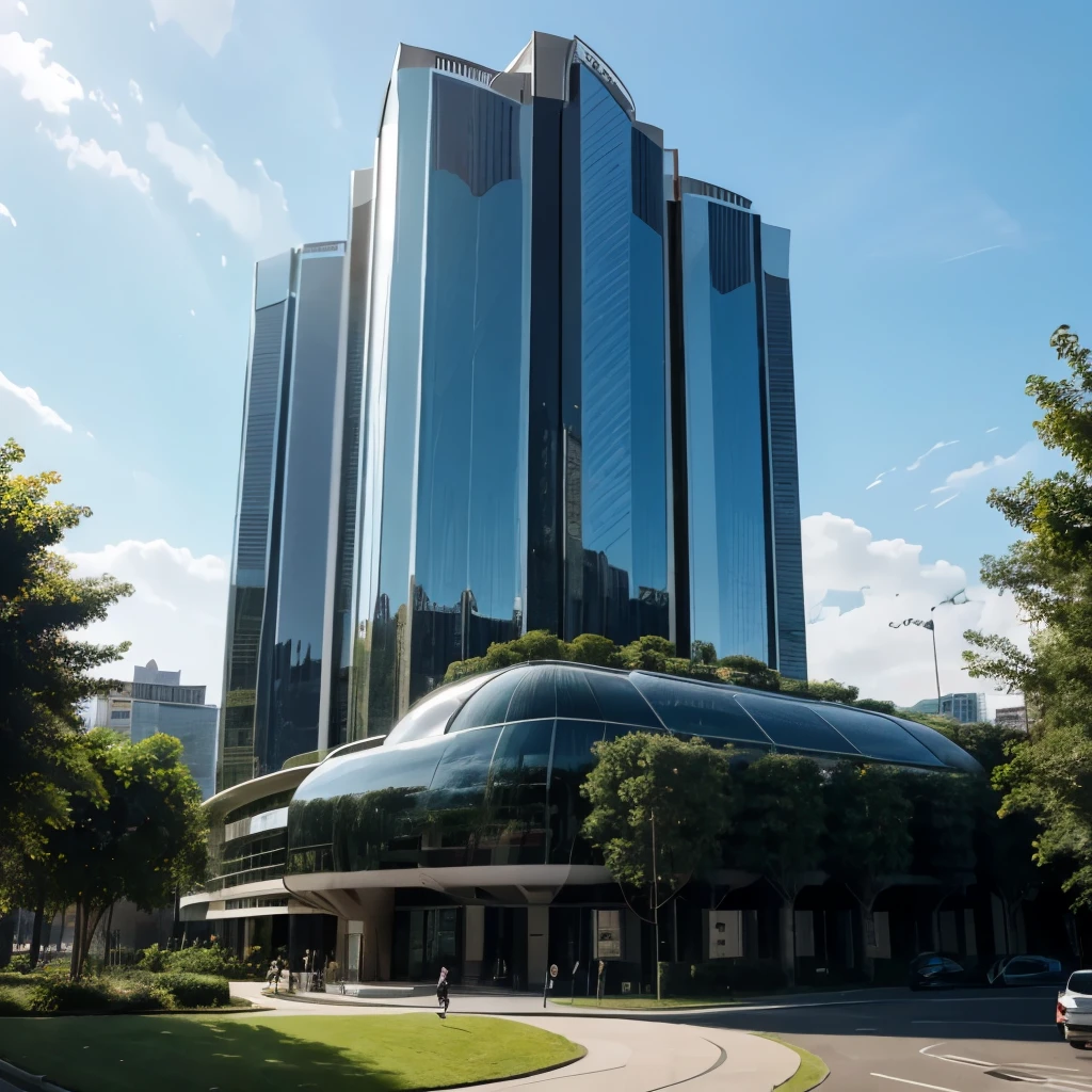 Ultra realistic 40-story futuristic building, ultra-realistic 40-story tower type, ultra-realistic contemporary style, ultra-realistic mirror-like windows, ultra-realistic peculiar shape, surrounded by ultra-realistic gardens and ultra-realistic trees, ultra-realistic sunny day