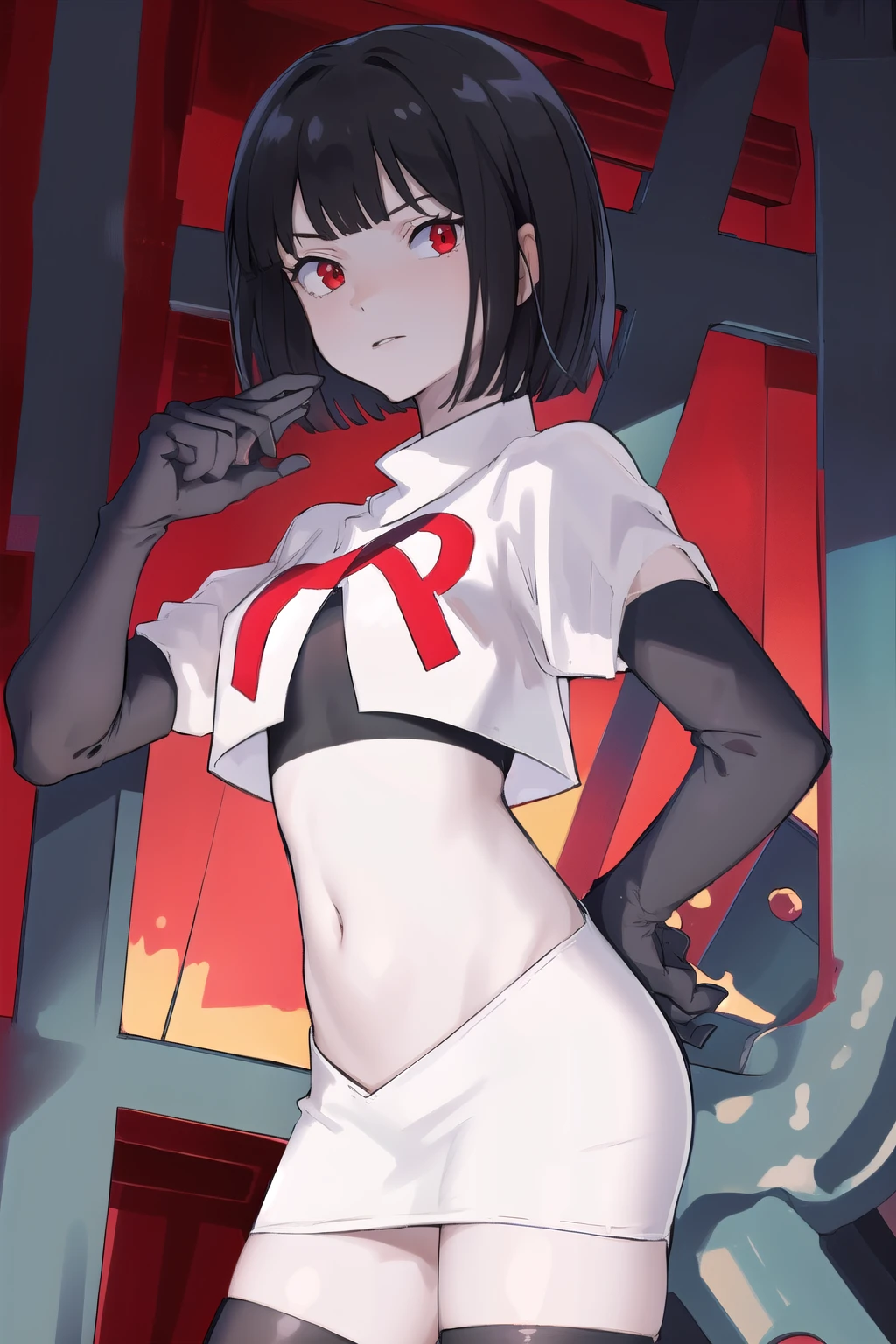 Erica、Pokémon、Black Hair、Short Hair、Large Breasts、Jail、One girl、((Black thigh-high socks))、(Long gloves)、(first round)、(Chained)、((Crucified on the examination table))、(Being restrained)、Leg spread、(Team Rocket)、Red ribbon