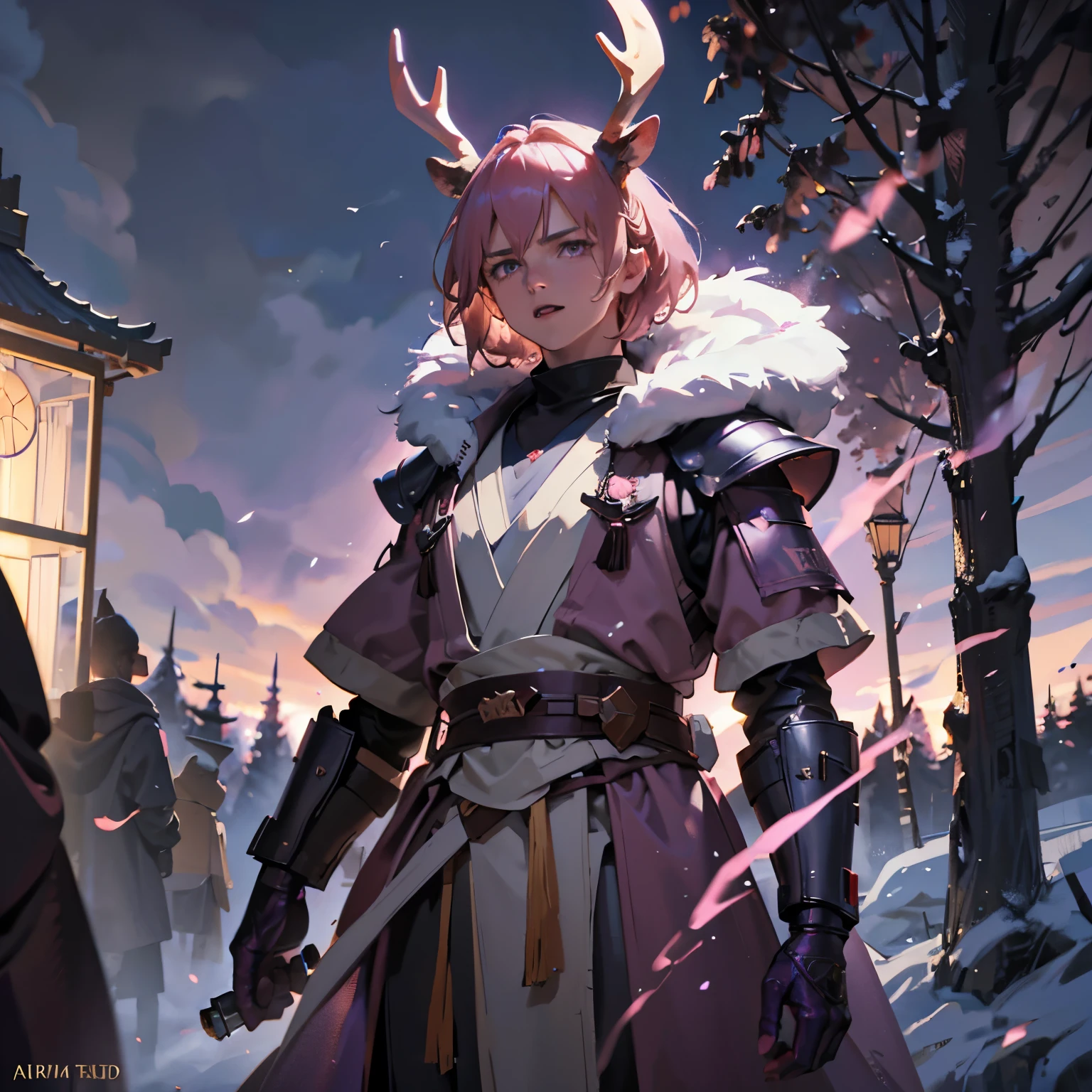 Young Male, Jedi, Purple Cloak, Fur Hood, Deer Antlers, Pink Hair, Short Hair, Purple Eyes, Plate Armor, Handsome, Playing music, Standing, Singing, Confident Expression, high-res portrait, Fantasy, Vibrant Colors, soft lighting, Cinematic, Background, HDR, 3D, HD, Very Detailed, Masterpiece, high quality, 8k genuine