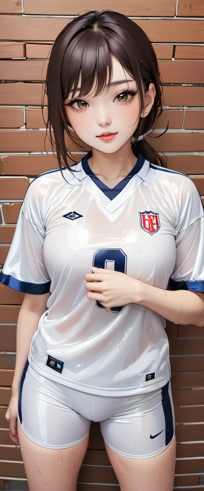 (masterpiece,highest quality,超A high resolution),japanese woman, (((very beautiful 20 year old girl))), pretty girl、look at the photographer、 ((beautiful low ponytail)), super cute face, glossy lips, double eyelids in both eyes,natural smile、 natural makeup, long eyelashes, Shiny and smooth hair、center image, perfect limbs, perfect anatomy,(((White football uniform))),(wet with sweat),Man streak,