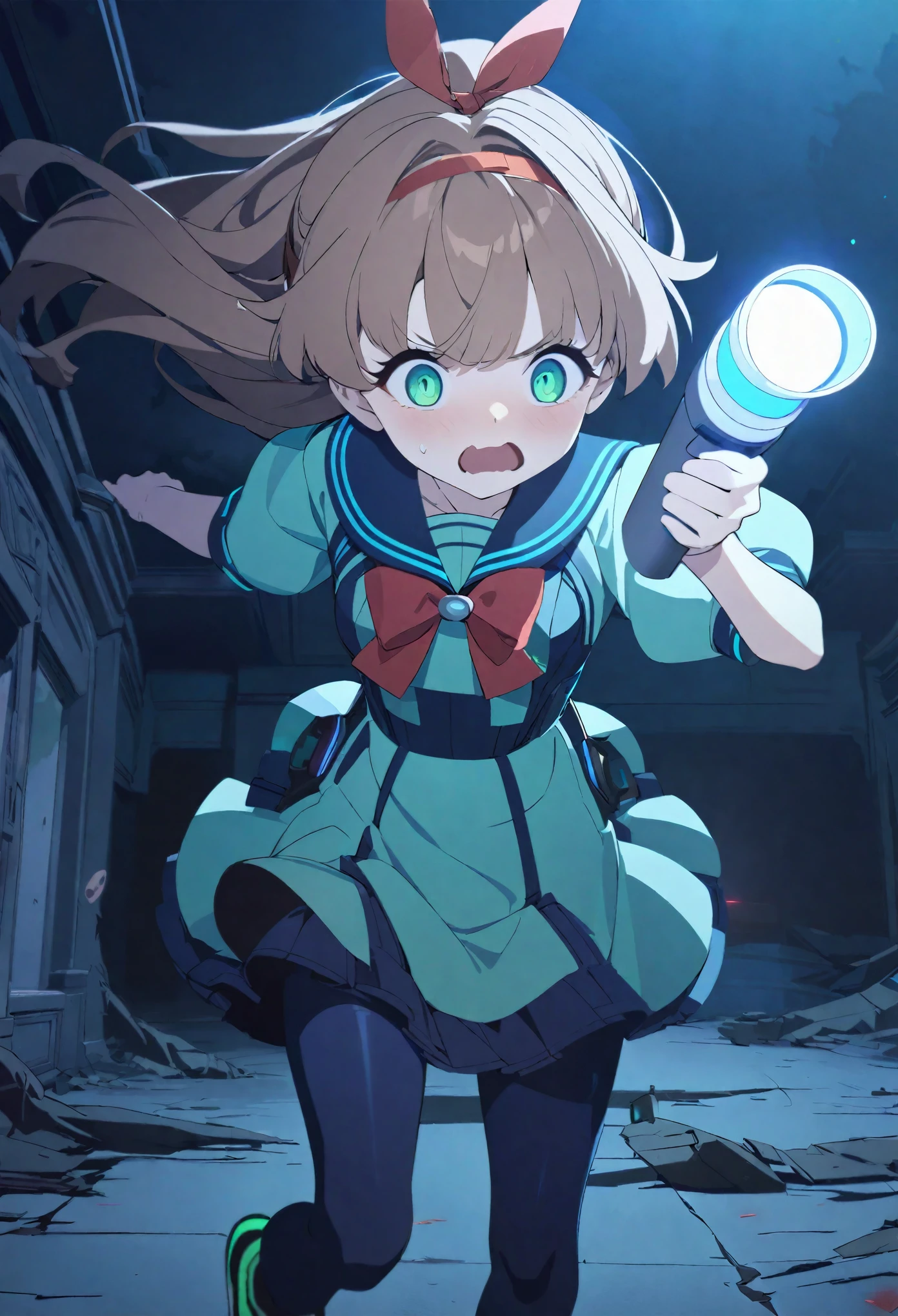(best quality,4k,highres) A cute japaneese girl, drawn in anime style, futuristic, Frutiger aero aesthetic, sci-fi, is afraid, jade green eyes, long brown hair, ribbon headband, small breast, white and blue futuristic sailor lolita dress with puffy sleeves, school crest, red ribbon, navy blue pantyhose, High tech sport shoes with glowing parts, holding a flashlight, screaming in horror, in a abandoned haunted mansion, running away from a ghost, at night, moonlight, low brightness, darkness, highly detailed, 4K.