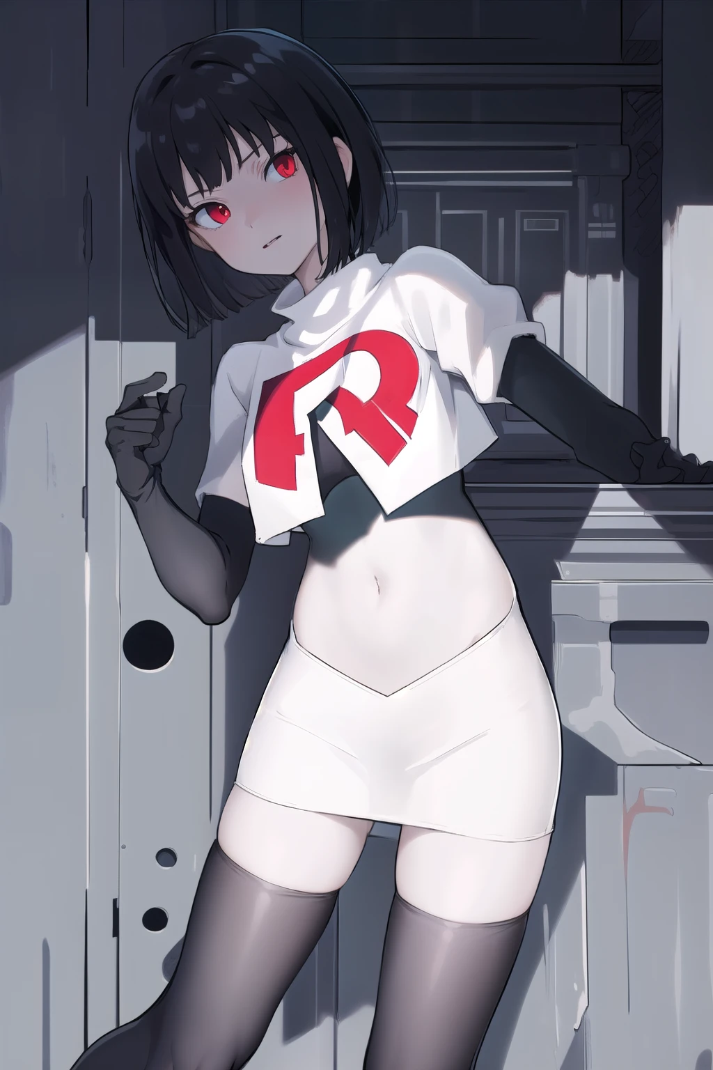 masterpiece, best quality, portrait, 1girl,  pale skin, black hair, bangs, short hair, red eyes, team rocket,team rocket uniform, red letter R, white skirt,white crop top,black thigh-highs, black elbow gloves,