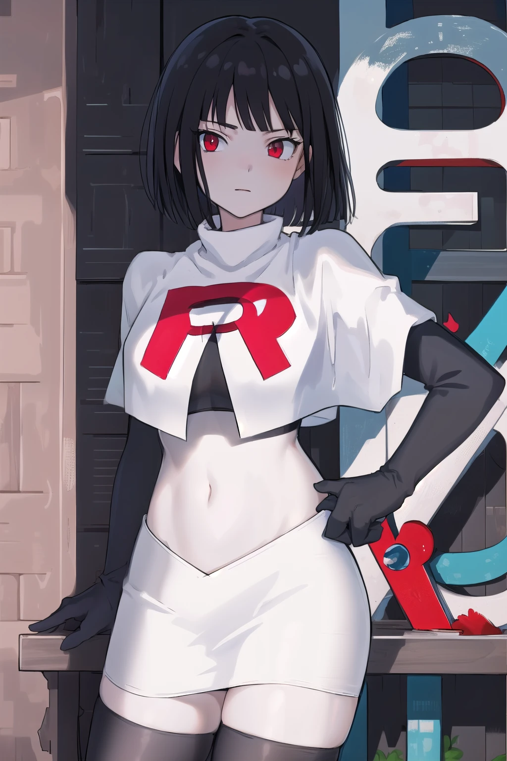 masterpiece, best quality, portrait, 1girl,  pale skin, black hair, bangs, short hair, red eyes, team rocket,team rocket uniform, red letter R, white skirt,white crop top,black thigh-highs, black elbow gloves,