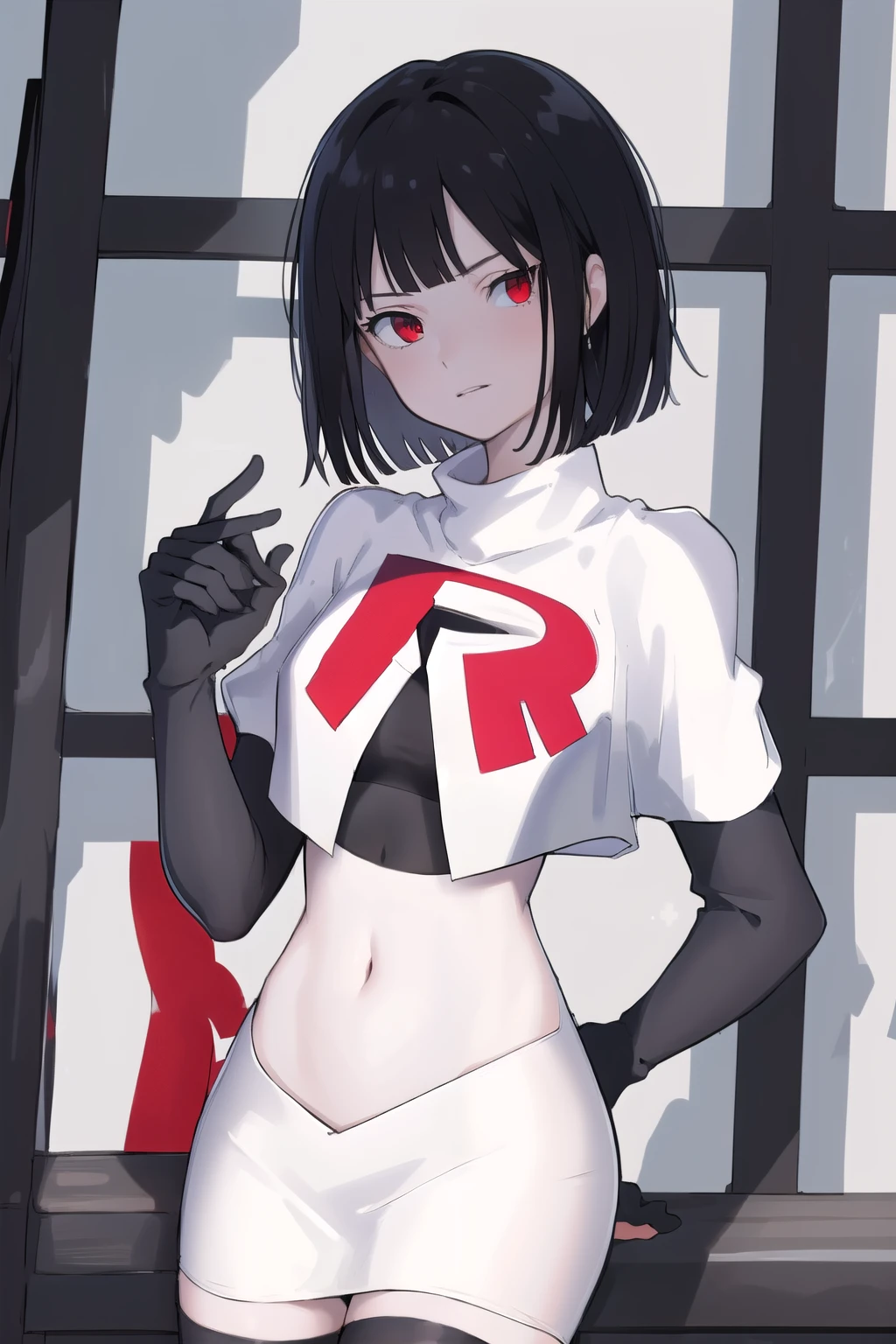 masterpiece, best quality, portrait, 1girl,  pale skin, black hair, bangs, short hair, red eyes, team rocket,team rocket uniform, red letter R, white skirt,white crop top,black thigh-highs, black elbow gloves,