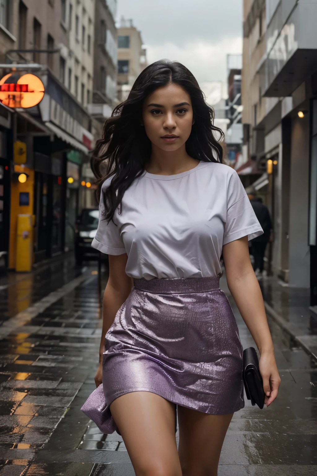 a woman, black hair, tanned skin, in a purple dress is (walking) down the street, cloudy and rainy weather, delivering packages and boxes, escape from New York, military girl, soaring above a dense city, workers revolution, poster, surveillance, print, ( waitress ) girl, young redhead girl in motion, people run on the street,(8k, RAW photo, best quality, masterpiece:1.2), ultra high res, photorealistic:1.4),Cinematic Light,(soft volumetric lighting:1.2), (realistic, photo-realistic:1.37), detailed skin,professional lighting,Photography, Sharp focus, detailed ,professional lighting, photon mapping, detailed and intricate environment,highly detailed,best quality,8k artistic photography, photorealistic concept art, soft natural volumetric cinematic perfect light,MIDJOURNEY,3DMDT, (cloudy and rainy weather), [cloudy and rainy weather]