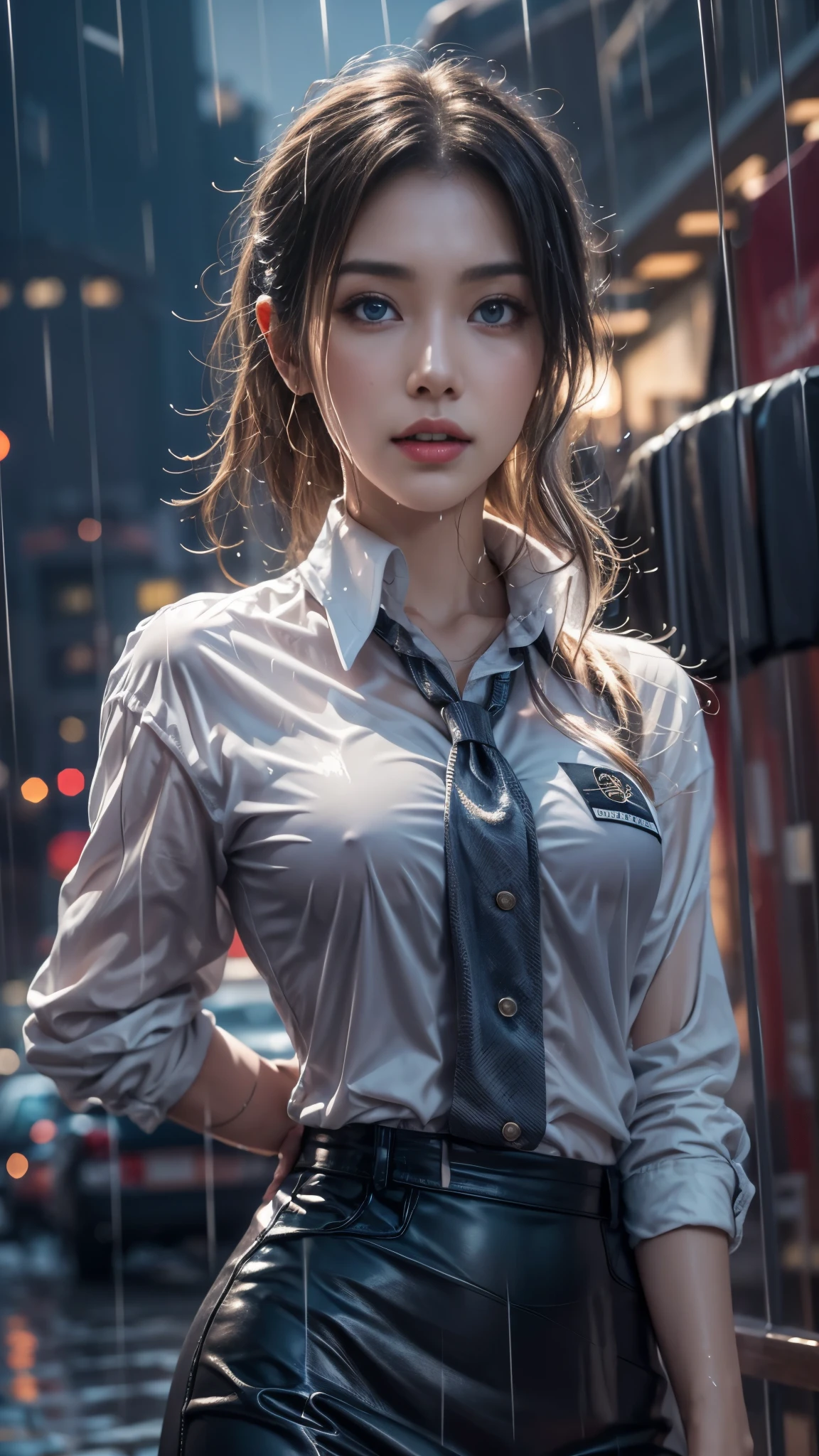 (RAW shooting, Photoreal:1.5, 8k, highest quality, masterpiece, ultra high resolution), perfect dynamic composition:1.2, street corner at night, look up at the sky:1.3, (((Typhoon heavy rain))), Highly detailed skin and facial textures:1.2, Slim office lady wet in the rain:1.3, sexy beauty:1.1, perfect style:1.2, beautiful and aesthetic:1.1, Fair skin, very beautiful face, water droplets on the skin, (rain drips all over my body:1.2, wet body, wet hair:1.4, wet office lady uniform:1.3), (Medium chest, Bra is sheer, Chest gap), (embarrassing smile, The expression on your face when you feel intense caress, Facial expression when feeling pleasure), (beautiful blue eyes, Eyes that feel beautiful eros:0.8), (Too erotic:0.9, Bewitching:0.9), cowboy shot, Shoulder bag