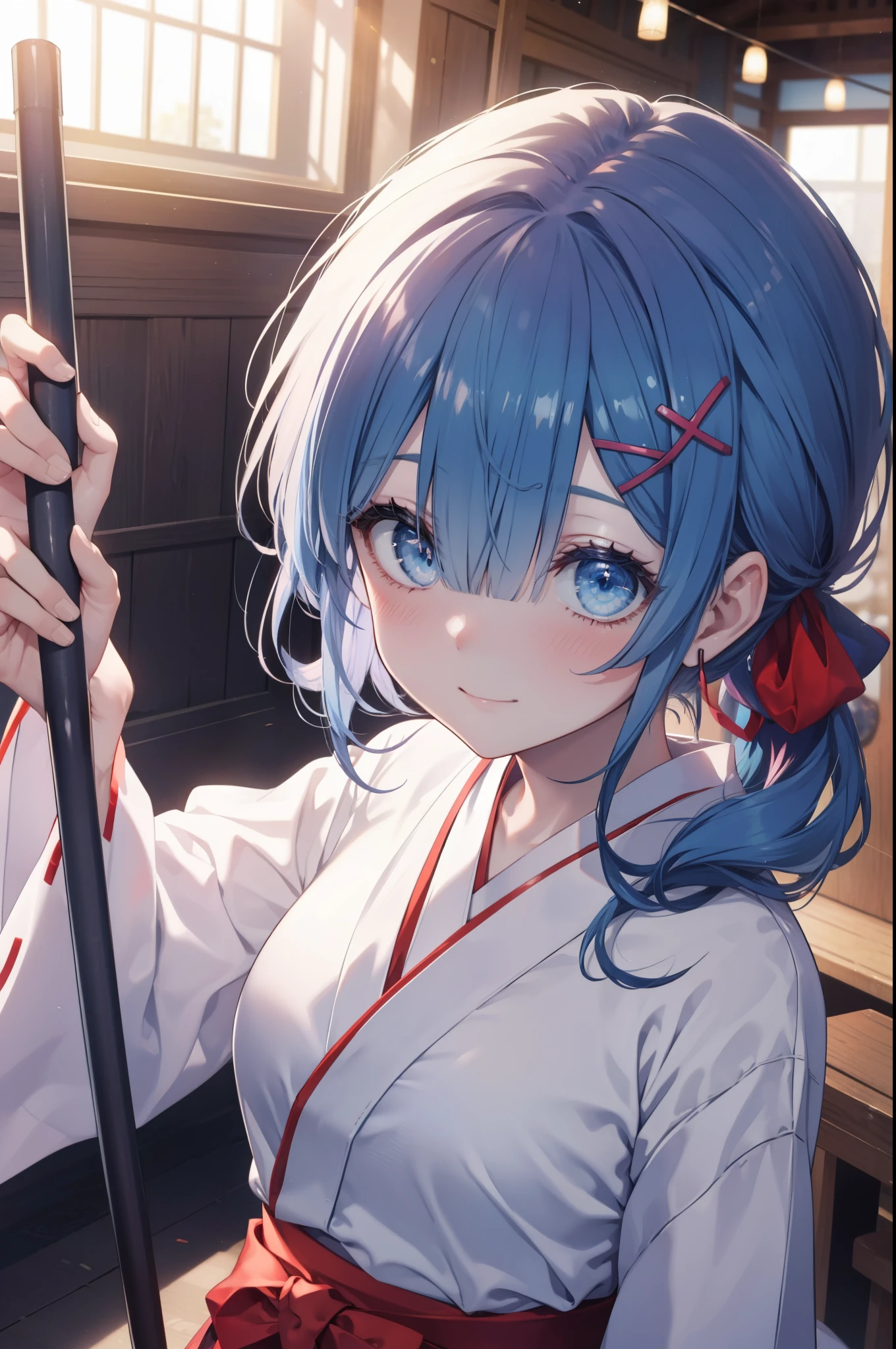 rezeroRem, Rem, blue eyes, blue hair, hair ornaments, hair above one eye, long hair,hair ribbon, x hair ornaments,smile,blush,Platycodon,Miko,white kimono, kimono, red hakama,same as skirt, wide sleeve, long sleeve,white foot bag,Zori ribbon trim sleeves, とてもlong hair, dull bangs, low ponytail, Holding the grip of a broom with both arms and sweeping,So that the whole body goes into the illustration,morning,noon,
break outdoors,shrine,
break looking at viewer,
break (masterpiece:1.2), highest quality, High resolution, unity 8k wallpaper, (figure:0.8), (detailed and beautiful eyes:1.6), extRemely detailed face, perfect lighting, extRemely detailed CG, (perfect hands, perfect anatomy),