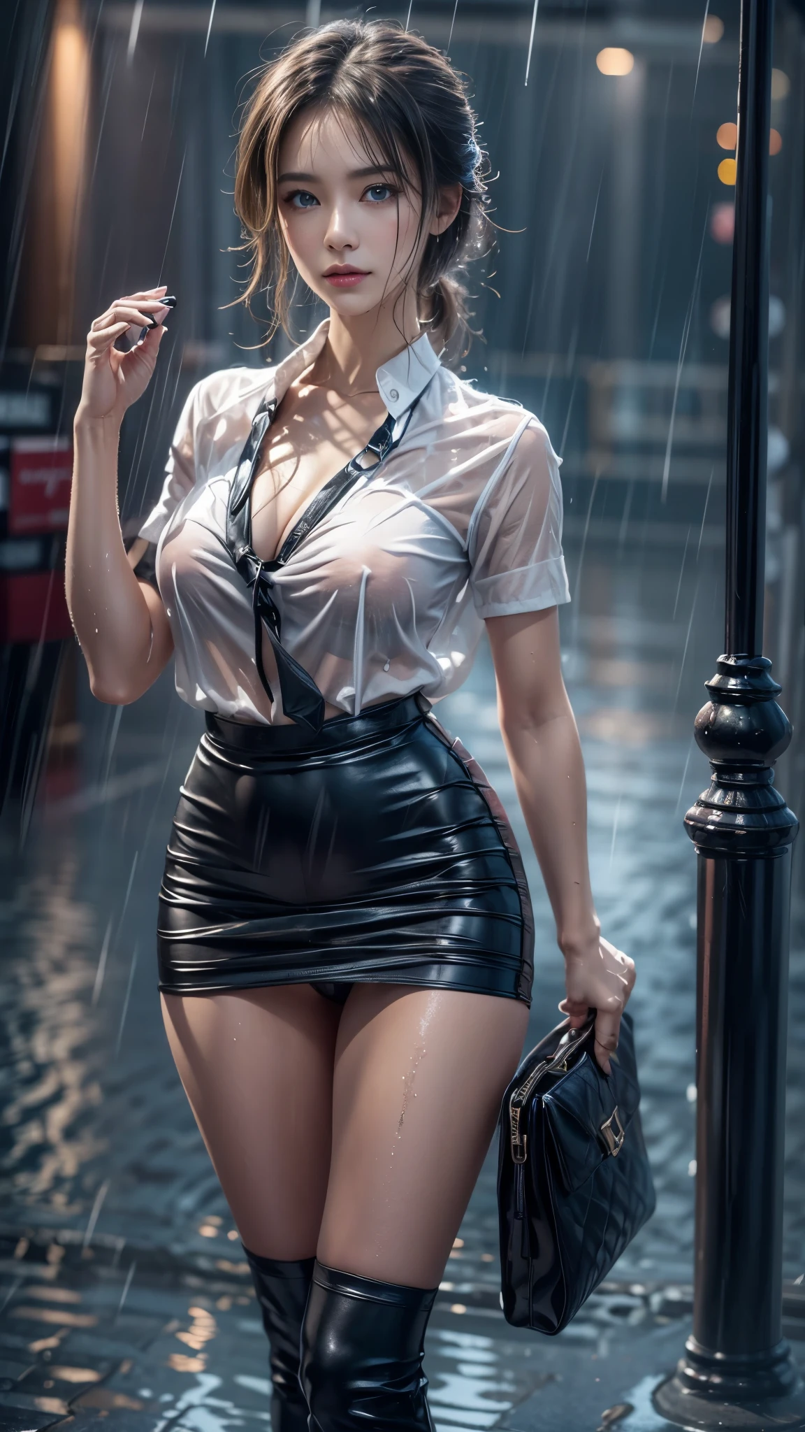 (RAW shooting, Photoreal:1.5, 8k, highest quality, masterpiece, ultra high resolution), perfect dynamic composition:1.2, street corner at night, look up at the sky:1.3, (((Typhoon heavy rain))), Highly detailed skin and facial textures:1.2, Slim office lady wet in the rain:1.3, sexy beauty:1.1, perfect style:1.2, beautiful and aesthetic:1.1, Fair skin, very beautiful face, water droplets on the skin, (rain drips all over my body:1.2, wet body, wet hair:1.4, wet office lady uniform:1.3), (Medium chest, bra is see-through, Chest gap), (embarrassing smile, The expression on your face when you feel intense caress, Facial expression when feeling pleasure), (beautiful blue eyes, Eyes that feel beautiful eros:0.8), (Too erotic:0.9, Bewitching:0.9), cowboy shot, Shoulder bag