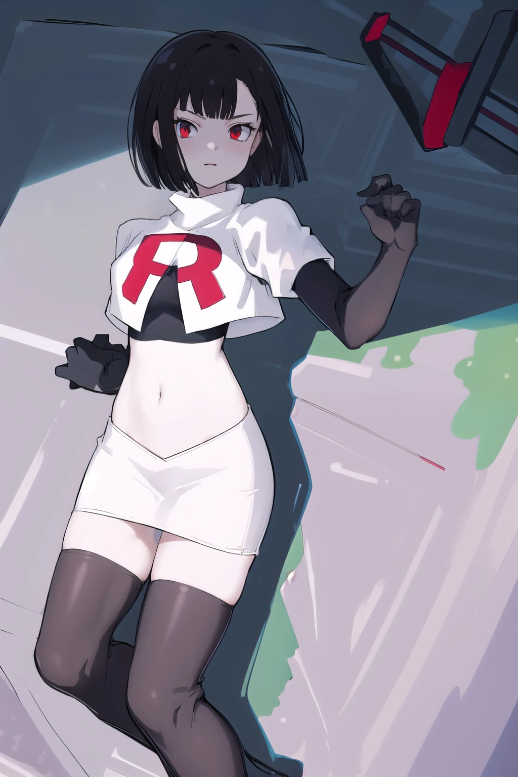 masterpiece, best quality, portrait, 1girl,  pale skin, black hair, bangs, short hair, red eyes, team rocket,team rocket uniform, red letter R, white skirt,white crop top,black thigh-highs, black elbow gloves,