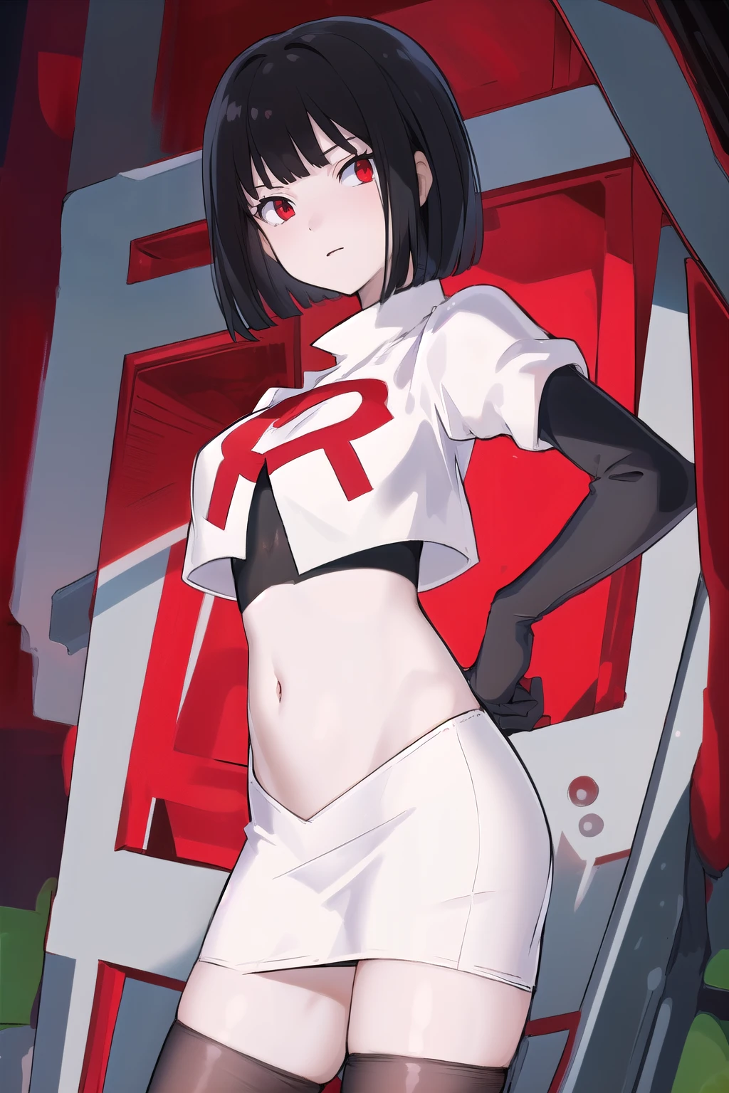 masterpiece, best quality, portrait, 1girl,  pale skin, black hair, bangs, short hair, red eyes, team rocket,team rocket uniform, red letter R, white skirt,white crop top,black thigh-highs, black elbow gloves,