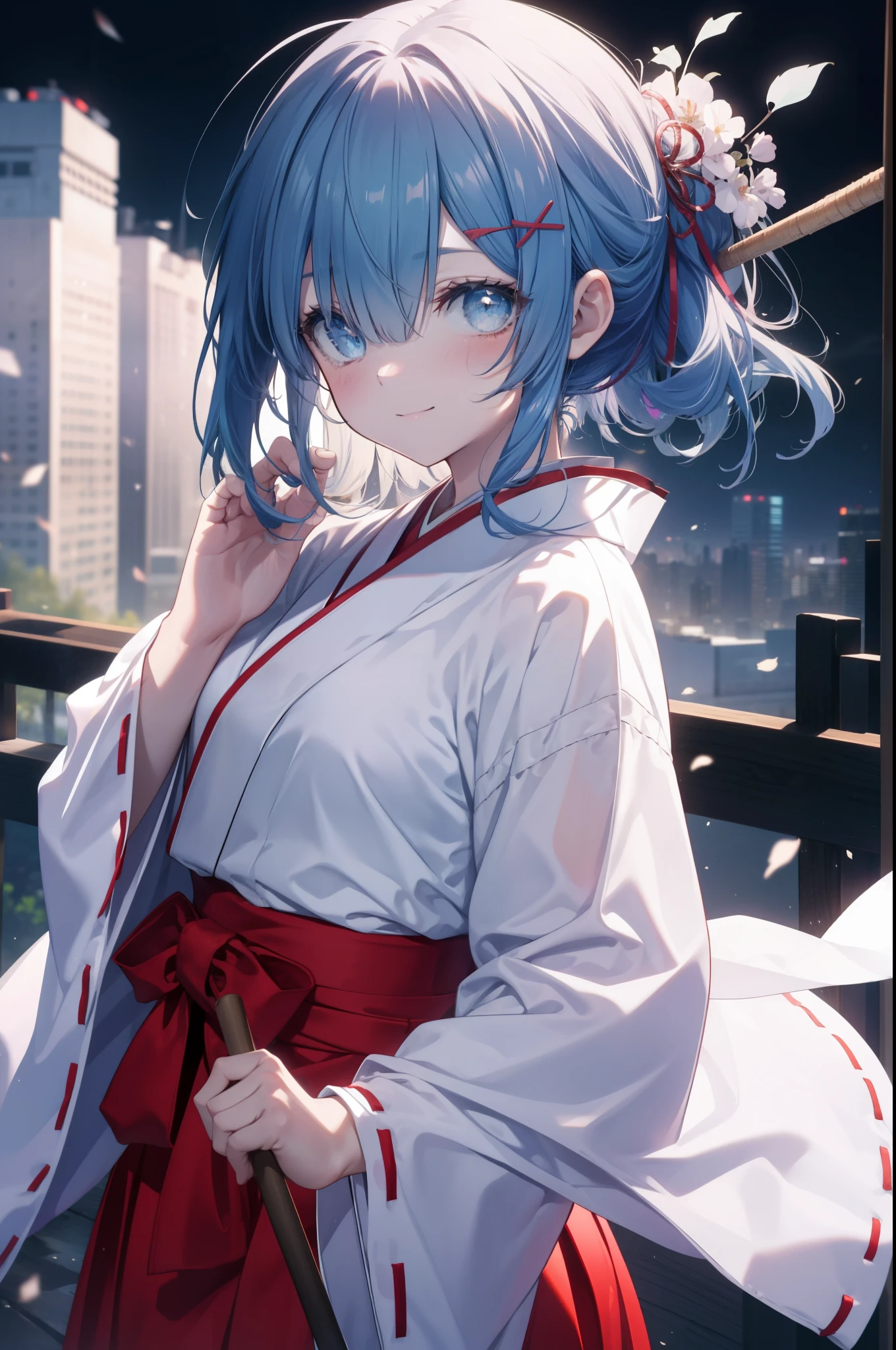 rezeroRem, Rem, blue eyes, blue hair, hair ornaments, hair above one eye, long hair,hair ribbon, x hair ornaments,smile,blush,Platycodon,Miko,white kimono, kimono, red hakama,same as skirt, wide sleeve, long sleeve,white foot bag,Zori ribbon trim sleeves, とてもlong hair, dull bangs, low ponytail, Holding the grip of a broom with both arms and sweeping,So that the whole body goes into the illustration,morning,noon,
break outdoors,shrine,
break looking at viewer,
break (masterpiece:1.2), highest quality, High resolution, unity 8k wallpaper, (figure:0.8), (detailed and beautiful eyes:1.6), extRemely detailed face, perfect lighting, extRemely detailed CG, (perfect hands, perfect anatomy),