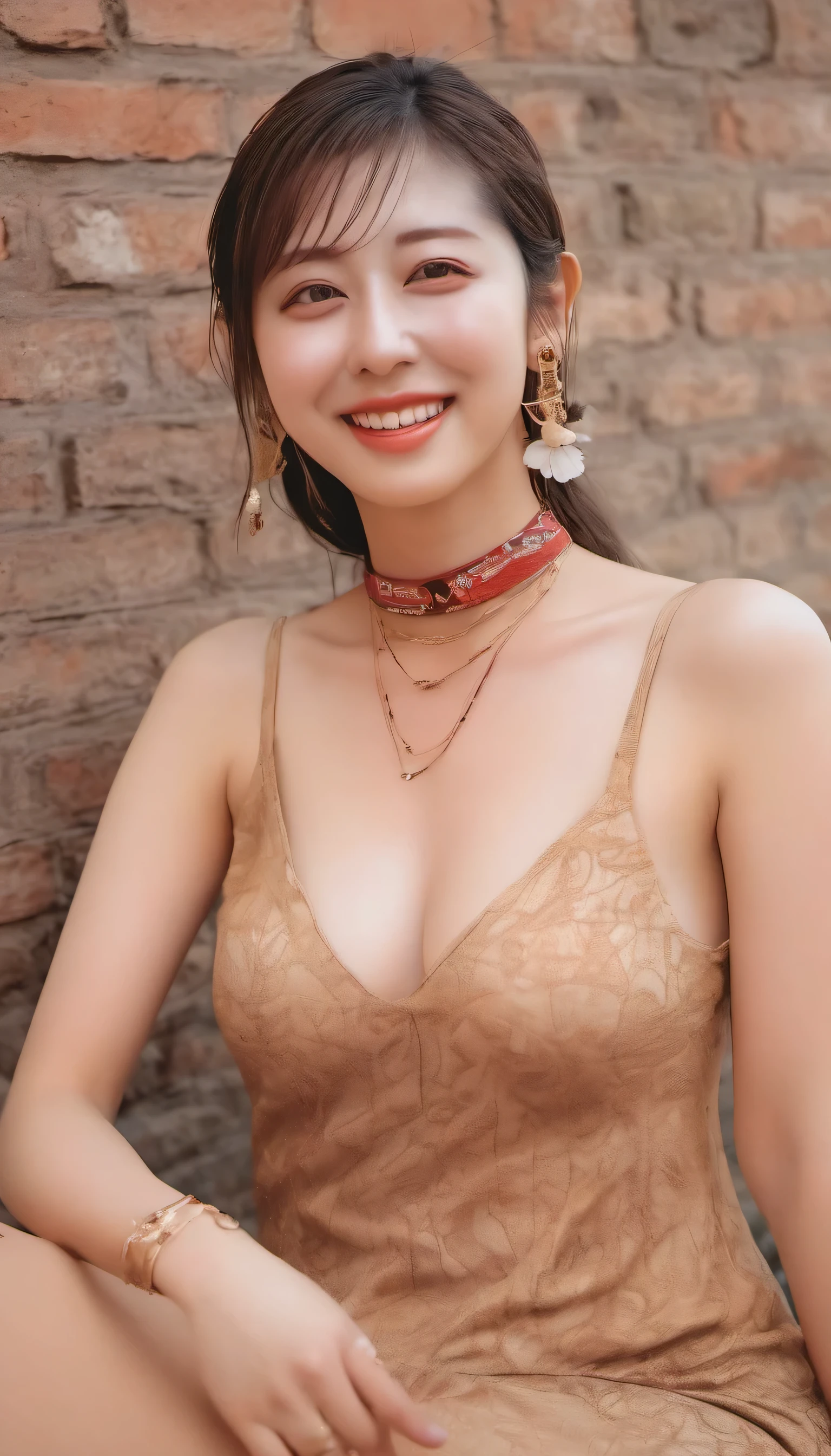 (best image quality, realistic depiction),(My body is slippery with lotion,sweaty body),A woman can't stand the desert heat and gets naked.,(choker,full nude),(big breasts),sit with legs wide apart,((best character depiction,beautiful nude body))