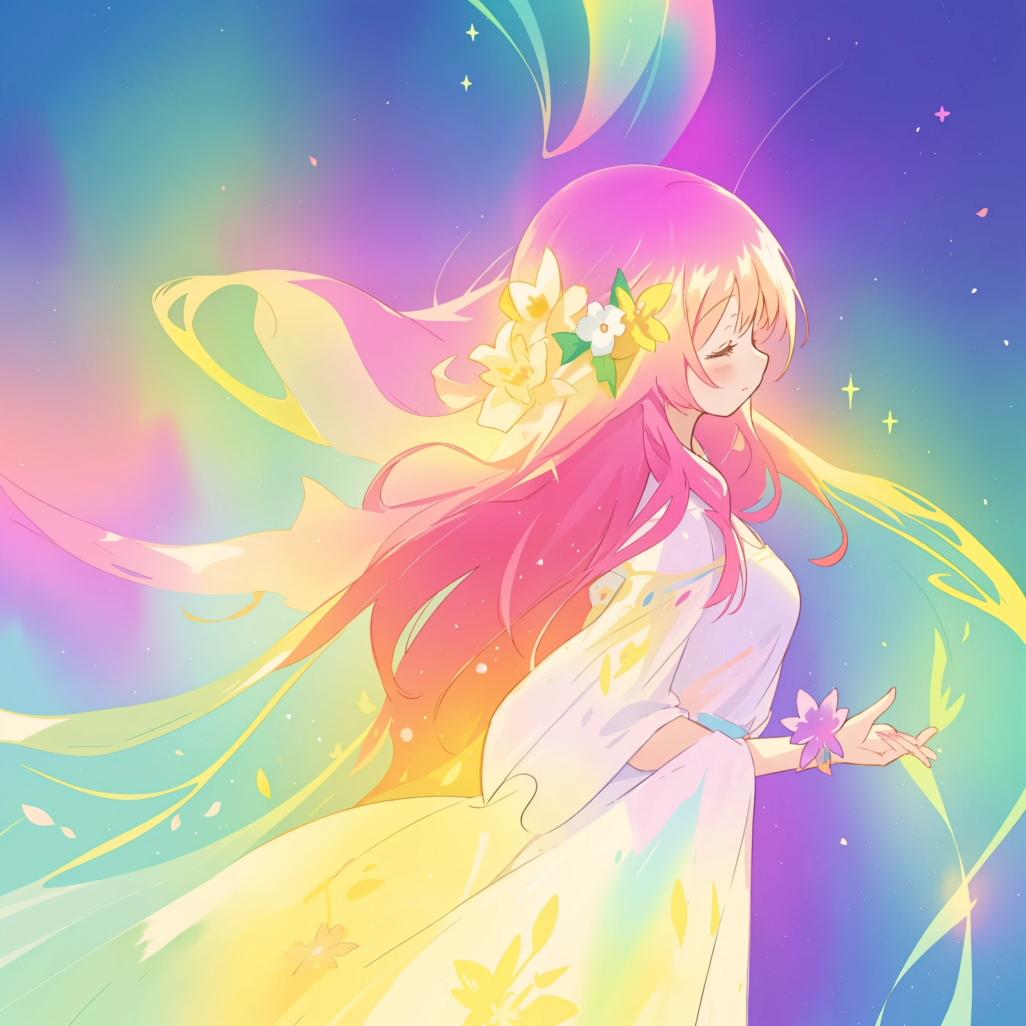 beautiful girl in simple flowing dress, long flowing colorful liquid hair, colorful fantasia background, watercolor illustration, disney art style, glowing aura around her, glowing lights, beautiful digital illustration, fantasia otherworldly landscape plants flowers, beautiful, masterpiece, best quality, anime disney style