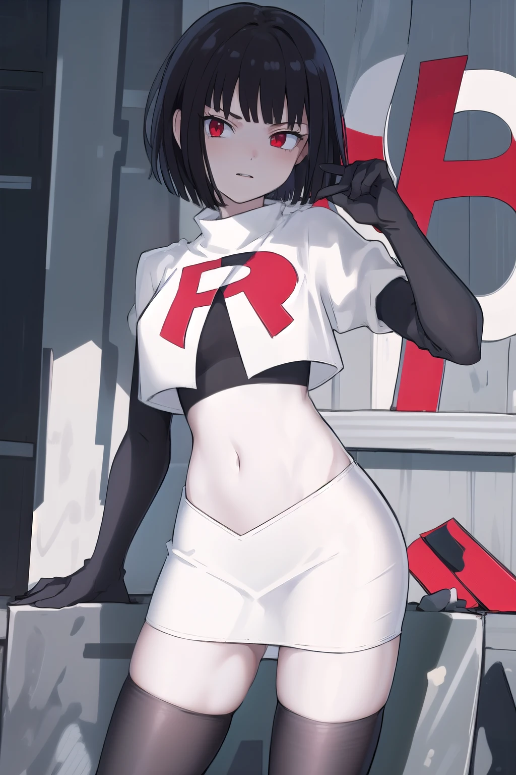 masterpiece, best quality, portrait, 1girl,  pale skin, black hair, bangs, short hair, red eyes, team rocket,team rocket uniform, red letter R, white skirt,white crop top,black thigh-highs, black elbow gloves,