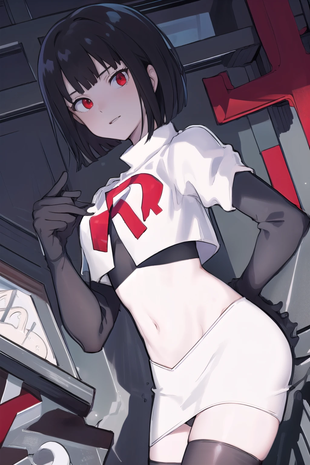 masterpiece, best quality, portrait, 1girl,  pale skin, black hair, bangs, short hair, red eyes, team rocket,team rocket uniform, red letter R, white skirt,white crop top,black thigh-highs, black elbow gloves,