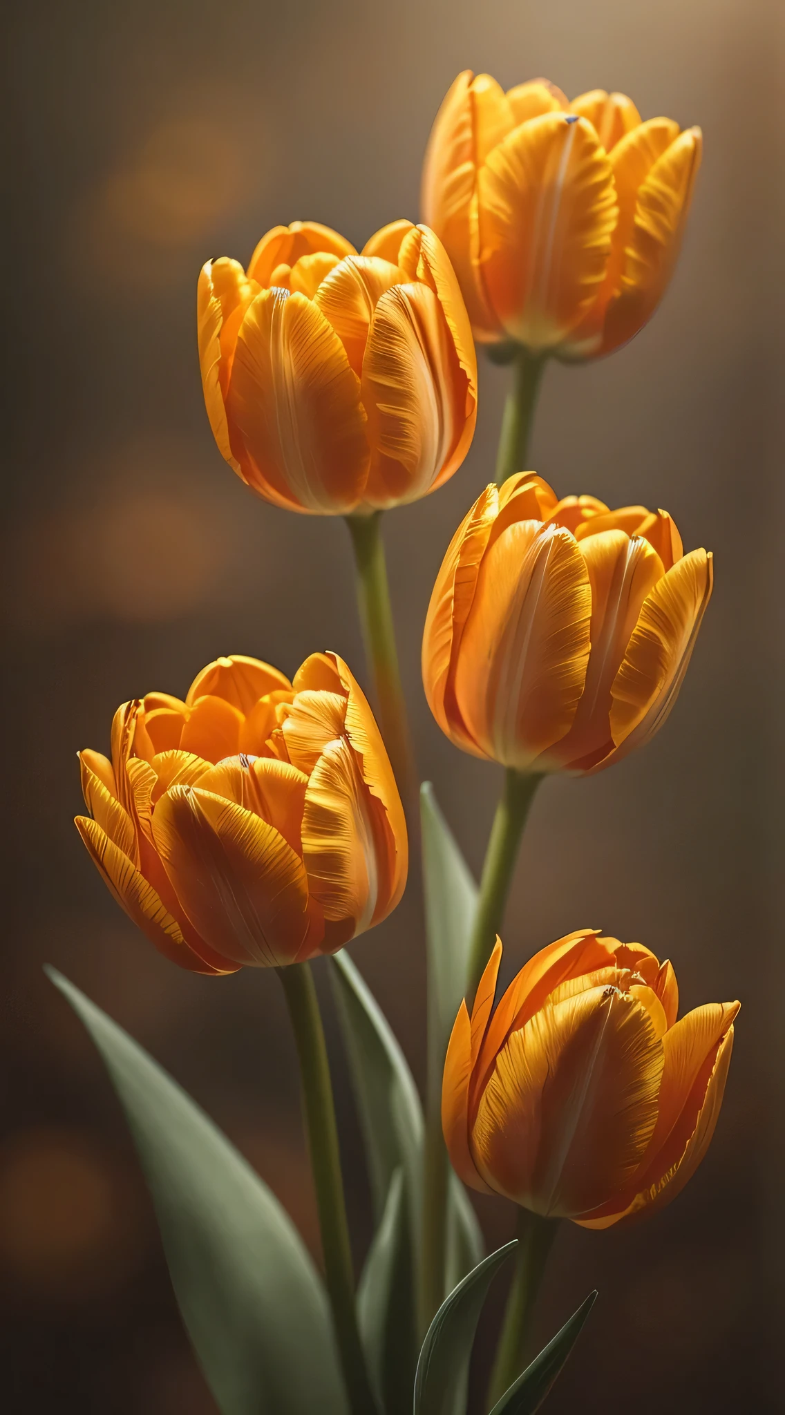 there are three orange tulips in a vase on a table, Paul Basson, tulips, tulip, Orange blossoms, golden flowers, author:Hans Schwarz, incredibly beautiful, Orange ethereal, author:Herakli Nadal, author:Brian Thomas, beautiful macro photography, Beautiful flowers, author:Rainer Horsch, Highly realistic photos, Soft backlight, golden flower