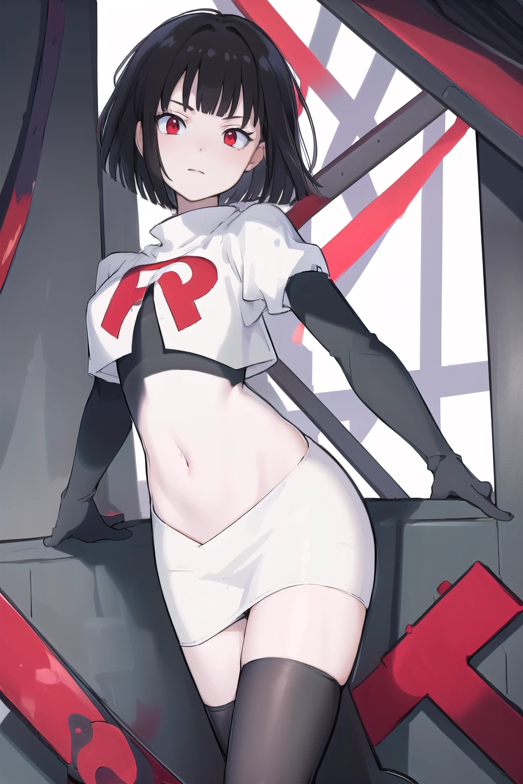 masterpiece, best quality, portrait, 1girl,  pale skin, black hair, bangs, short hair, red eyes, team rocket,team rocket uniform, red letter R, white skirt,white crop top,black thigh-highs, black elbow gloves,