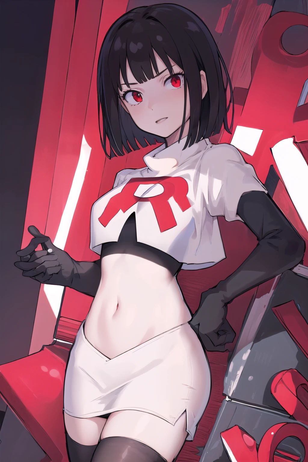 masterpiece, best quality, portrait, 1girl, pale skin, black hair, bangs, short hair, red eyes, team rocket,team rocket uniform, red letter R, white skirt,white crop top,black thigh-highs, black elbow gloves,