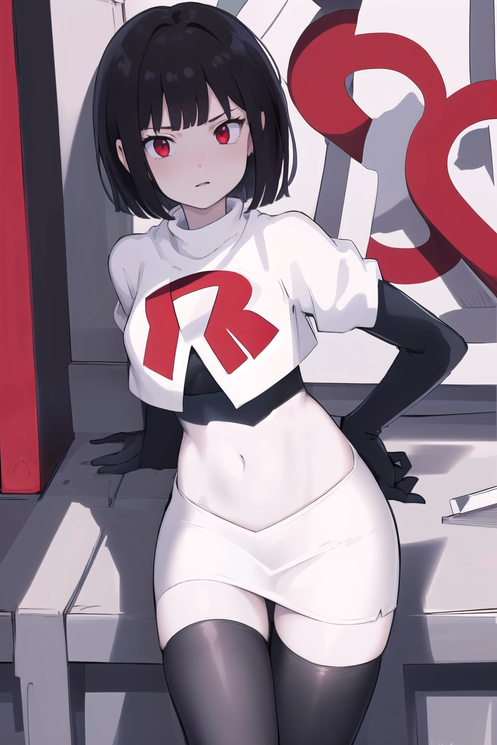 masterpiece, best quality, portrait, 1girl,  pale skin, black hair, bangs, short hair, red eyes, team rocket,team rocket uniform, red letter R, white skirt,white crop top,black thigh-highs, black elbow gloves,