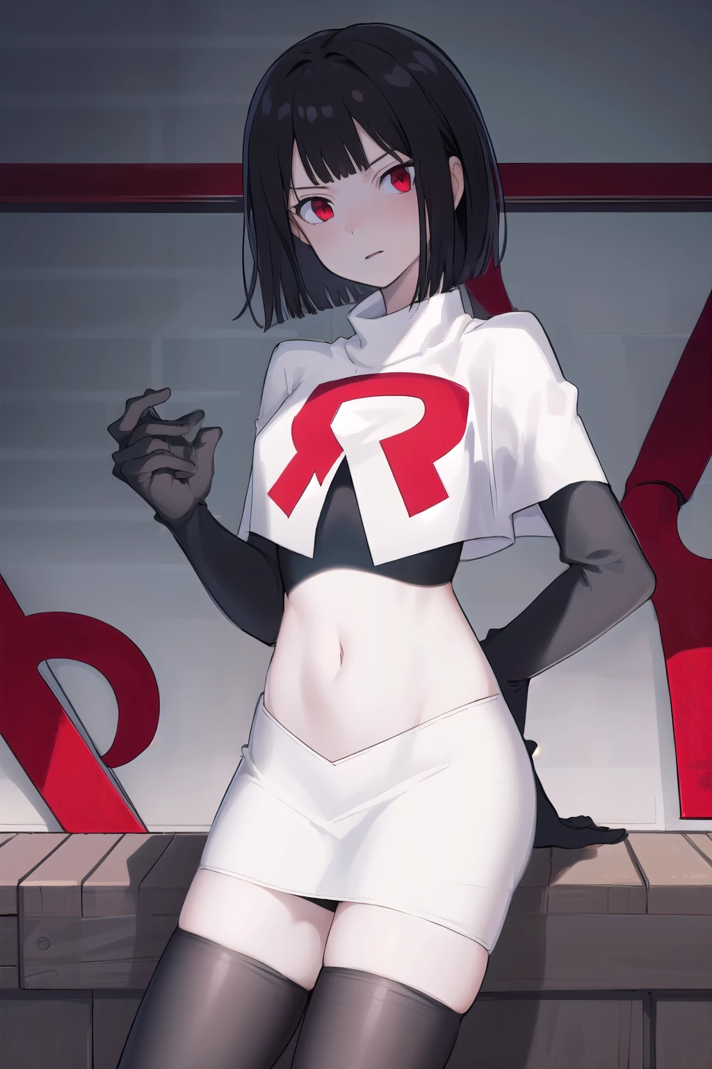 masterpiece, best quality, portrait, 1girl,  pale skin, black hair, bangs, short hair, red eyes, team rocket,team rocket uniform, red letter R, white skirt,white crop top,black thigh-highs, black elbow gloves,