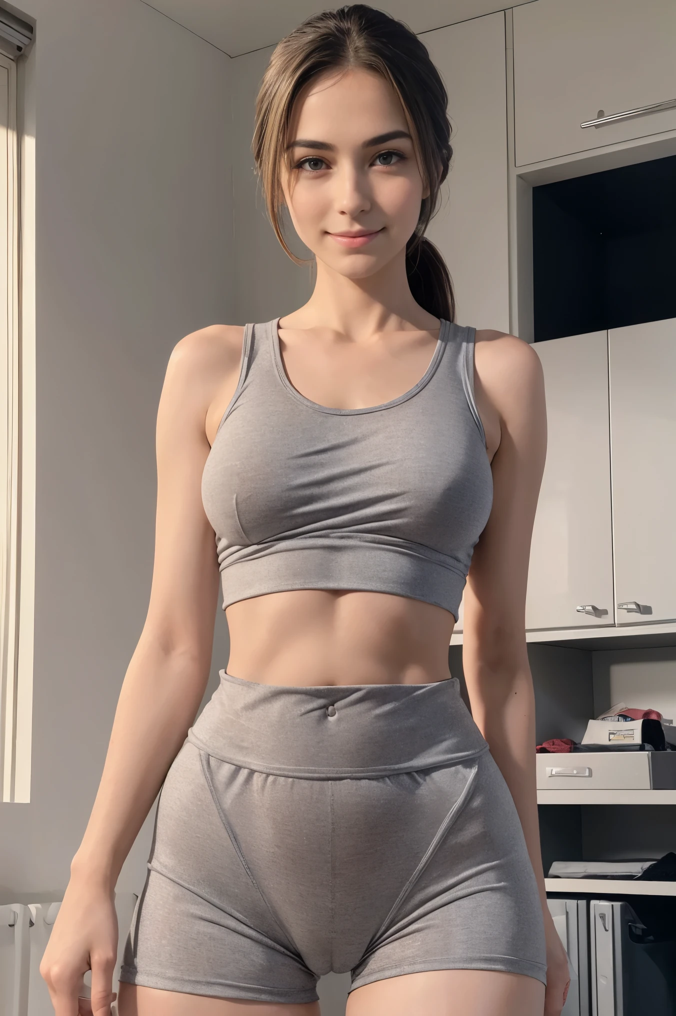(best quality, masterpiece, ultra high resolution), (8k wallpaper, high-definition, HDR, RAW), (hyperrealistic), (authenticity: 1.4), (full body shot), 1girl, (( woman)), ((Brown straight hair)), ((Pretty American Girl)), ((Pretty face)), ((Tight clothes)), ((Green eyes)), ((Pale skin)), amazing slim body, female curves, long legs, thick thighs, big ass, flat tummy, ((perfect hands)), ((Grey tanktop)), standing, leaning forward, (((showing cameltoe))), (((Black tight shorts))), (((Cameltoe))), ((view at viewer)), ((Happy smile)), ((Inside a Lockeroom)), natural illumination, inside illumination, divine illumination