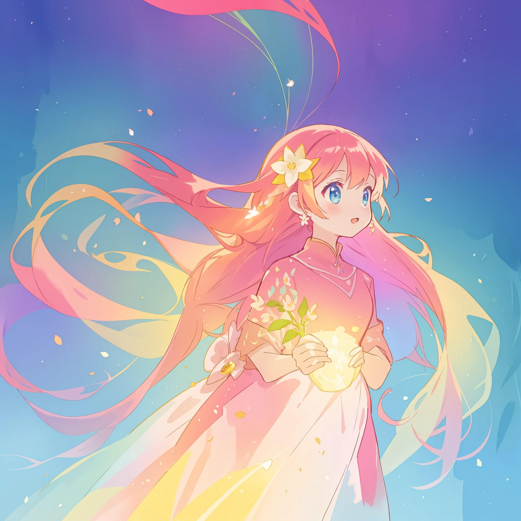 beautiful girl in simple ballgown dress, long flowing colorful liquid hair, colorful fantasia background, watercolor illustration, disney art style, glowing aura around her, glowing lights, beautiful digital illustration, fantasia otherworldly landscape plants flowers, beautiful, masterpiece, best quality, anime disney style