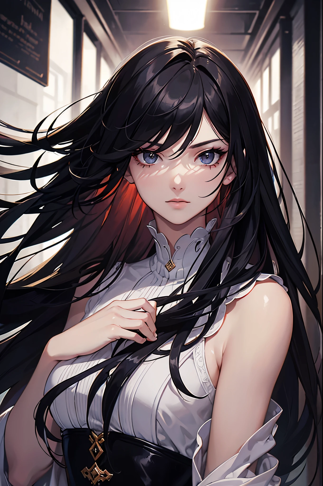 Masterpiece, Superb Fashion, (Fashion Costume), (Illustration), tall and strong, broad shoulders, (1boy), Handsome Young adult boyish girl, red-colored eyes, (Russian Mill Style), Fashion, black Hair, (Long Hair), (Messy Hair), (White Skin), (Dark Circles), Handsome, Dance Steps, Trend, Dark Gray,, Close Up, (Grand Background), (Chiaroscuro)), Fine Face Details, Facial Details, Cinematic Lighting, (Depth of Field), UHD, (Upper Body), Black Background
