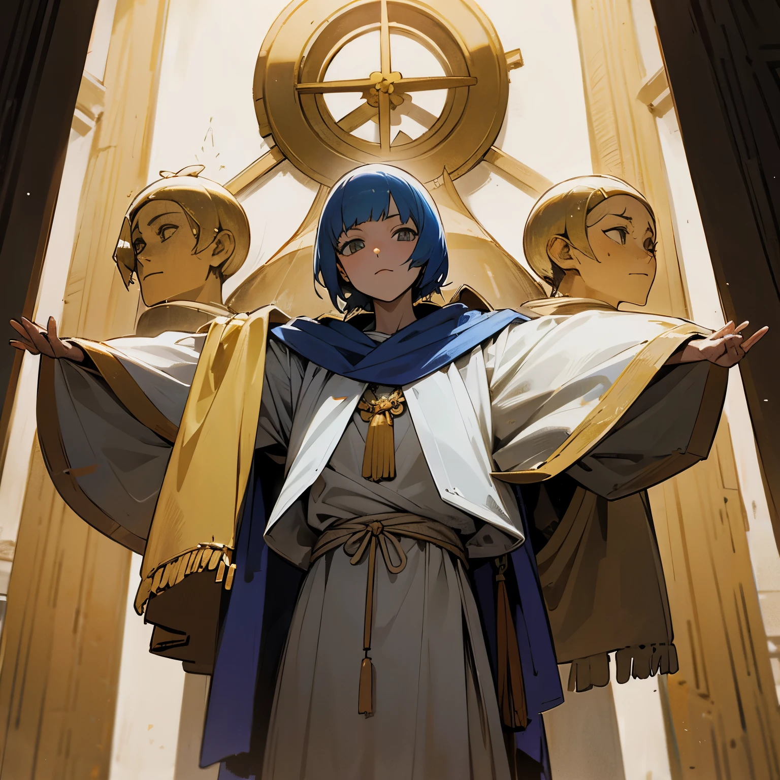 Un grupo de persona invocando un ser poderoso por medio de un ritual en un templo antiguo al estilo manga anime