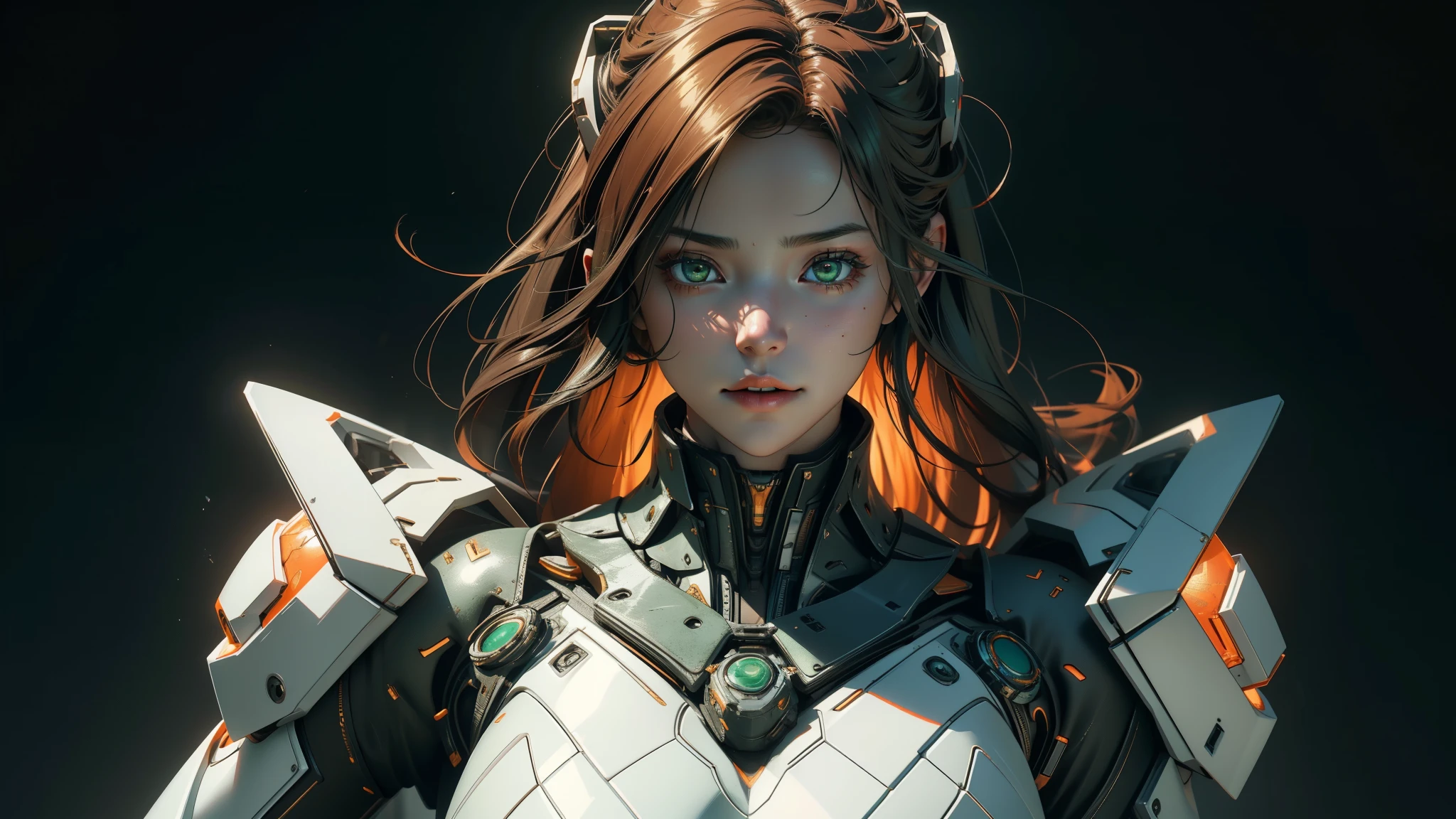 1 girl, solo, ((Best quality)), ((masterpiece)), (detailed:1.4), 3D, an image of a beautiful cyberpunk female,HDR (High Dynamic Range), Ray Tracing,NVIDIA RTX,Super-Resolution,Unreal 5,Subsurface scattering,PBR Texturing,Post-processing,Anisotropic Filtering,Depth-of-field,Maximum clarity and sharpness,Multi-layered textures,Albedo and Specular maps,Surface shading,Accurate simulation of light-material interaction,Perfect proportions,Octane Render,Two-tone lighting,Wide aperture,Low ISO,White balance,Rule of thirds,8K RAW, green armor, orange long hair