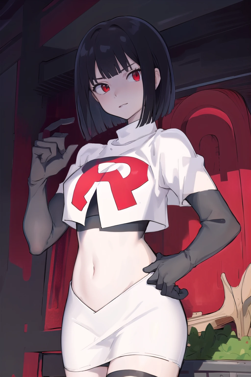 masterpiece, best quality, portrait, 1girl,  pale skin, black hair, bangs, short hair, red eyes, team rocket,team rocket uniform, red letter R, white skirt,white crop top,black thigh-highs, black elbow gloves,