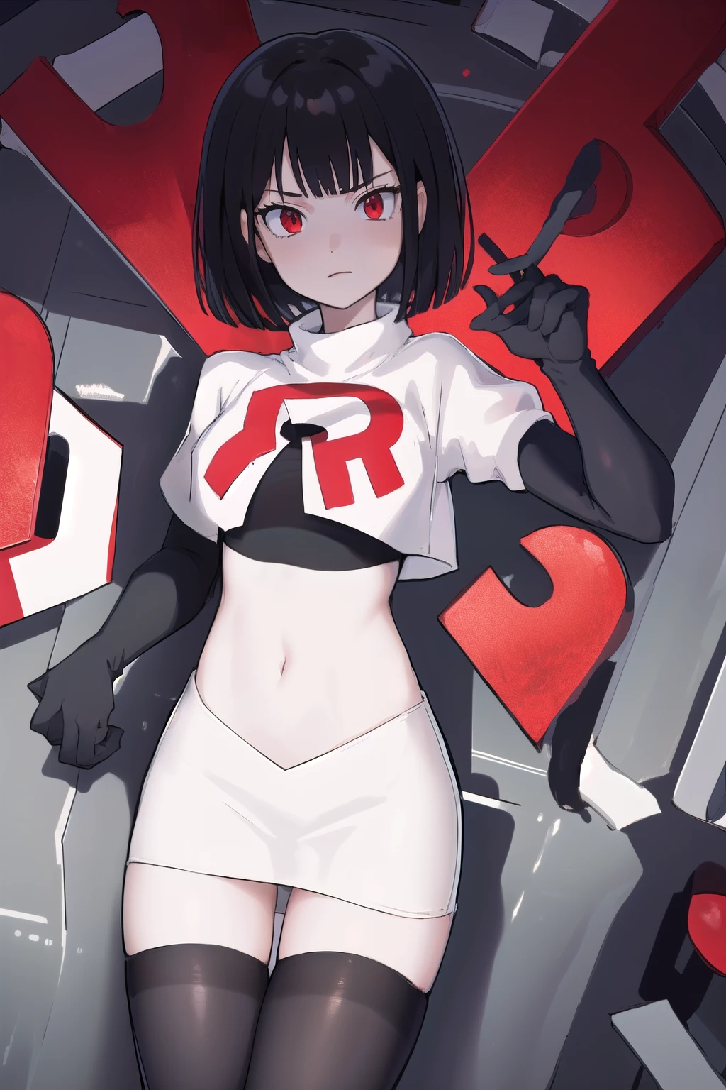 masterpiece, best quality, portrait, 1girl,  pale skin, black hair, bangs, short hair, red eyes, team rocket,team rocket uniform, red letter R, white skirt,white crop top,black thigh-highs, black elbow gloves,