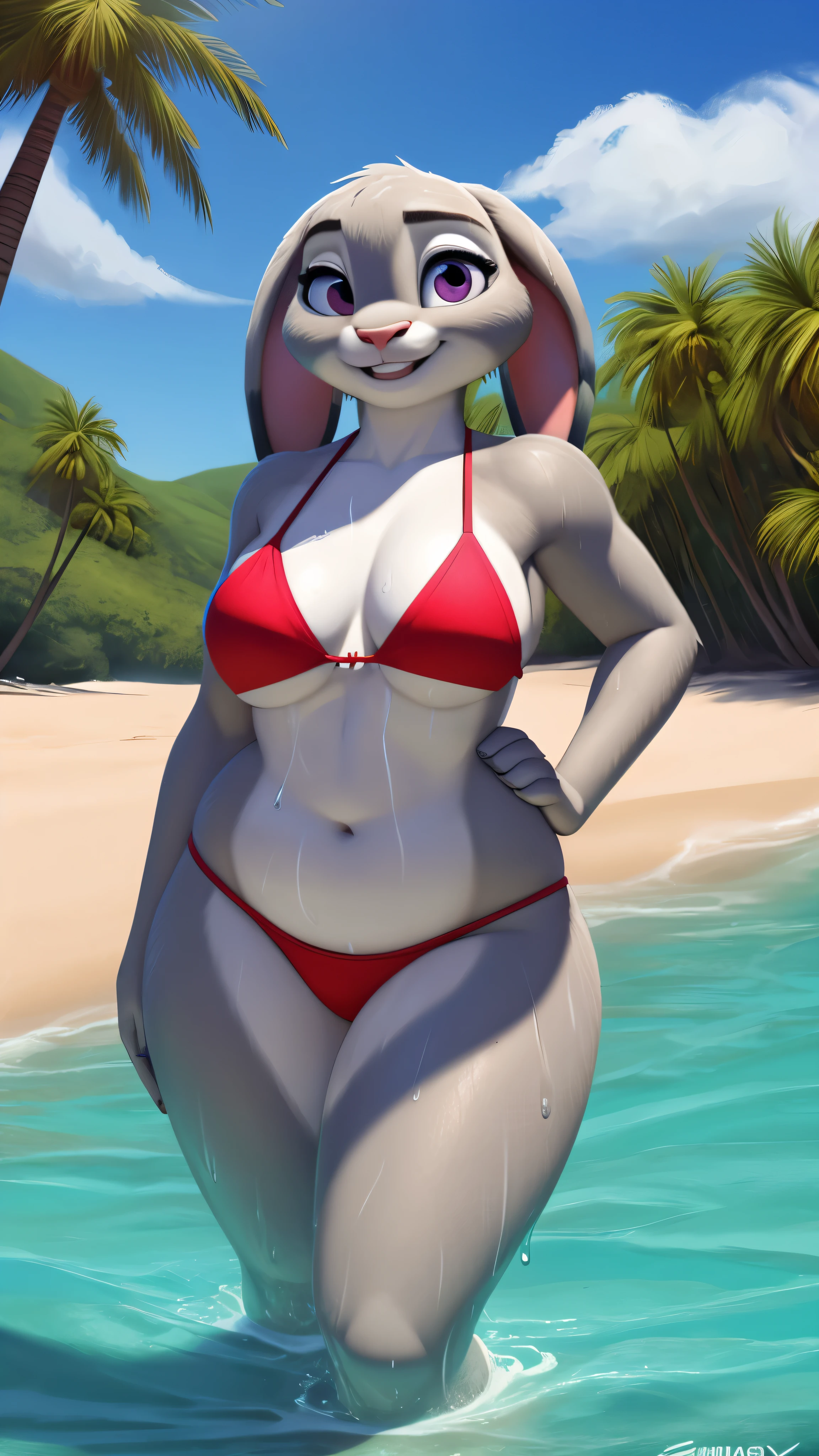 Judy hopps, wearing underwear, teasing, showing off her body, thick girl, young lady, on the beach, ((wet body)), wet bikini, white underwear, thin underwear, smiling , by canphem, by sigma x, by zackary911, uploaded on e621,((thick body)), chubby, detailed beautiful day on beach, island, trees, big round tits