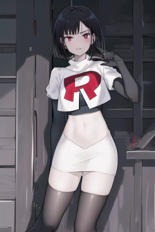 masterpiece, best quality, portrait, 1girl,  pale skin, black hair, bangs, short hair, red eyes, team rocket,team rocket uniform, red letter R, white skirt,white crop top,black thigh-highs, black elbow gloves,