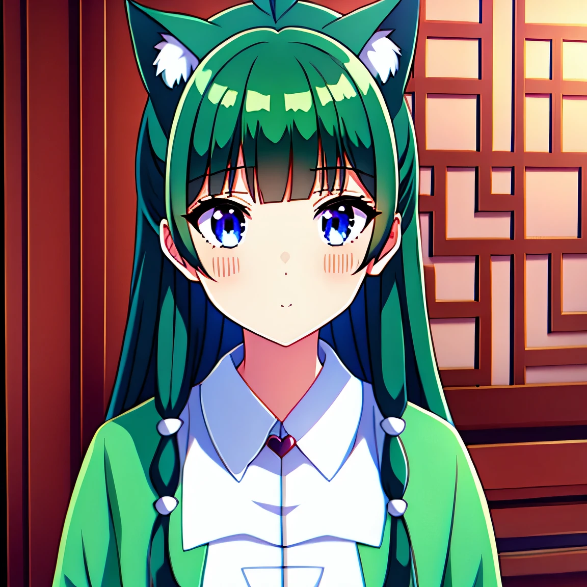 masterpiece, high quality, Round image, Cat ear, 1 girl, heart, alone, hair ornaments, Virtual YouTuber, pupil in the shape of a symbol, stupid hair, green hair, long hair, plaid, blush, stuffed animals, bangs, brown eyes, Chinese service, holding, looking at the viewer