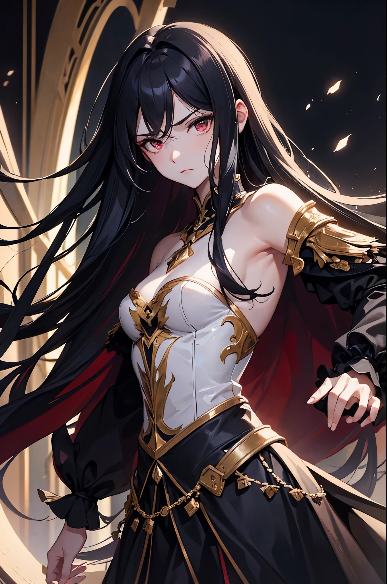 Masterpiece, Superb Fashion, (Fashion Costume), (Illustration), tall and strong, broad shoulders, small breasts, (1boy), Handsome Young adult boyish girl, red eyes, (Russian Mill Style), Fashion, black Hair, (Long Hair), (Messy Hair), (White Skin), (Dark Circles), Handsome, Dance Steps, Trend, Dark Gray,, Close Up, (Grand Background), (Chiaroscuro)), Fine Face Details, Facial Details, Cinematic Lighting, (Depth of Field), UHD, (Upper Body), Black Background