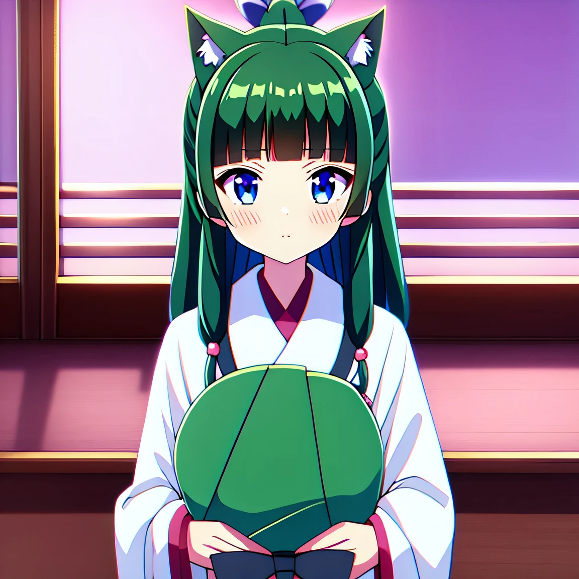 masterpiece, high quality, Round image, Cat ear, 1 girl, heart, alone, hair ornaments, Virtual YouTuber, pupil in the shape of a symbol, stupid hair, green hair, long hair, plaid, blush, stuffed animals, bangs, brown eyes, Chinese service, holding, looking at the viewer