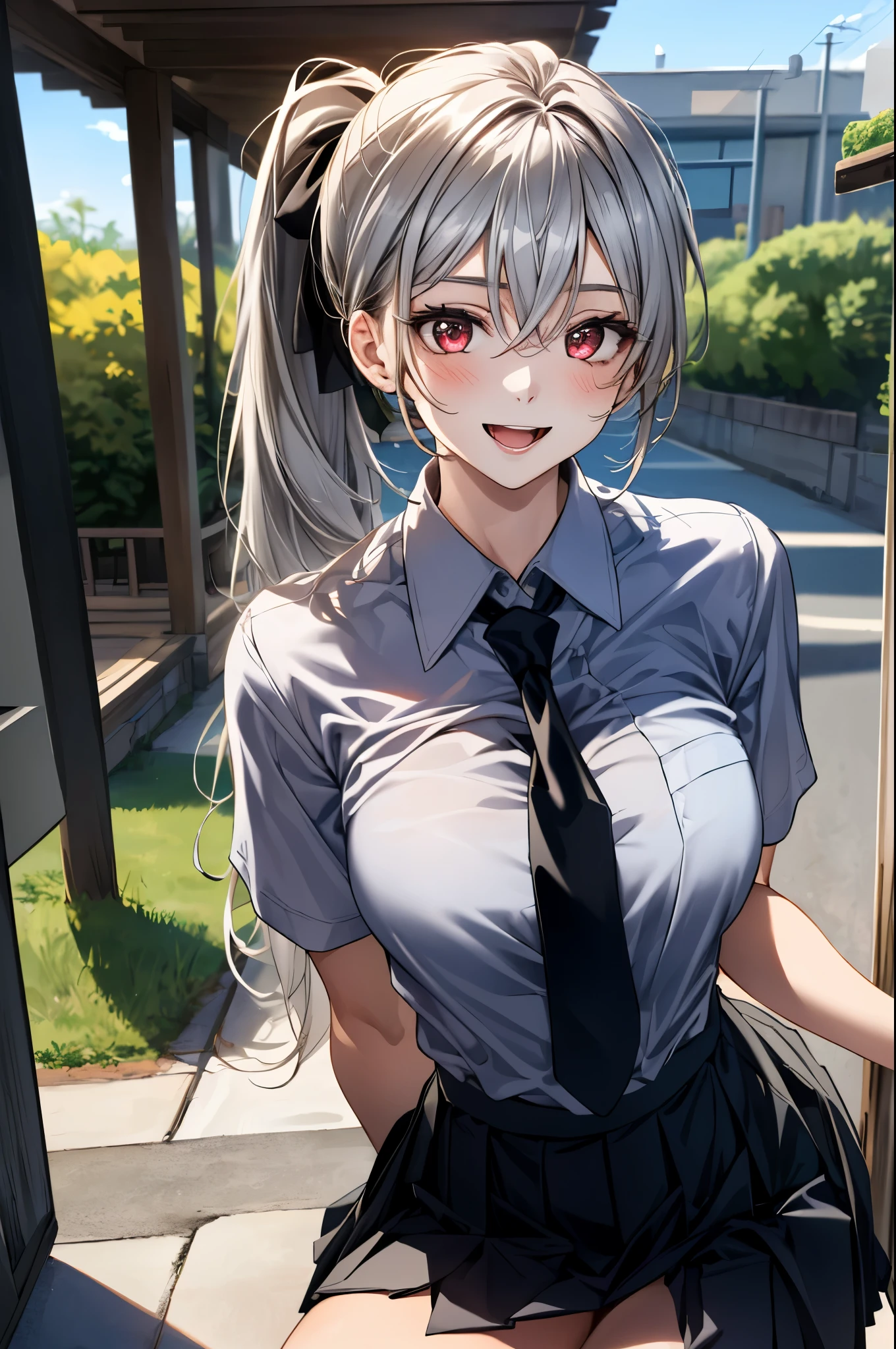 (masterpiece:1.3, top-quality, ultra high res, ultra detailed), (realistic, photorealistic:1.4), beautiful illustration, perfect lighting, colorful, depth of fields, 
beautiful detailed hair, beautiful detailed face, beautiful detailed eyes, beautiful clavicle, beautiful body, beautiful chest, beautiful thigh, beautiful legs, beautiful fingers, 
looking at viewer, 1 girl, japanese, high school girl, perfect face, (perfect ???????, anatomically correct), cute and symmetrical face, babyface, , shiny skin, 
(long hair:1.7, ponytail:1.6, silver hair), hair between eyes, dark red eyes, long eye lasher, (medium breasts), slender, 
((collared short sleeve shirt, black pleated skirt, gray tie)), 
(beautiful scenery), evening, (park, cityscape in the distance), squatting, , (lovely smile, upper eyes, open mouth), 
