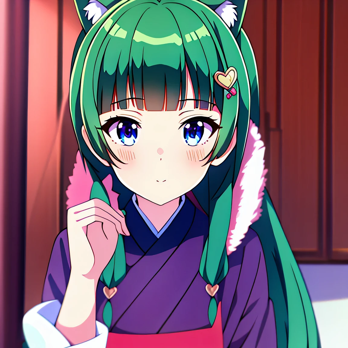 masterpiece, high quality, Round image, Cat ear, 1 girl, heart, alone, hair ornaments, Virtual YouTuber, pupil in the shape of a symbol, stupid hair, green hair, long hair, plaid, blush, stuffed animals, bangs, brown eyes, Chinese service, holding, looking at the viewer