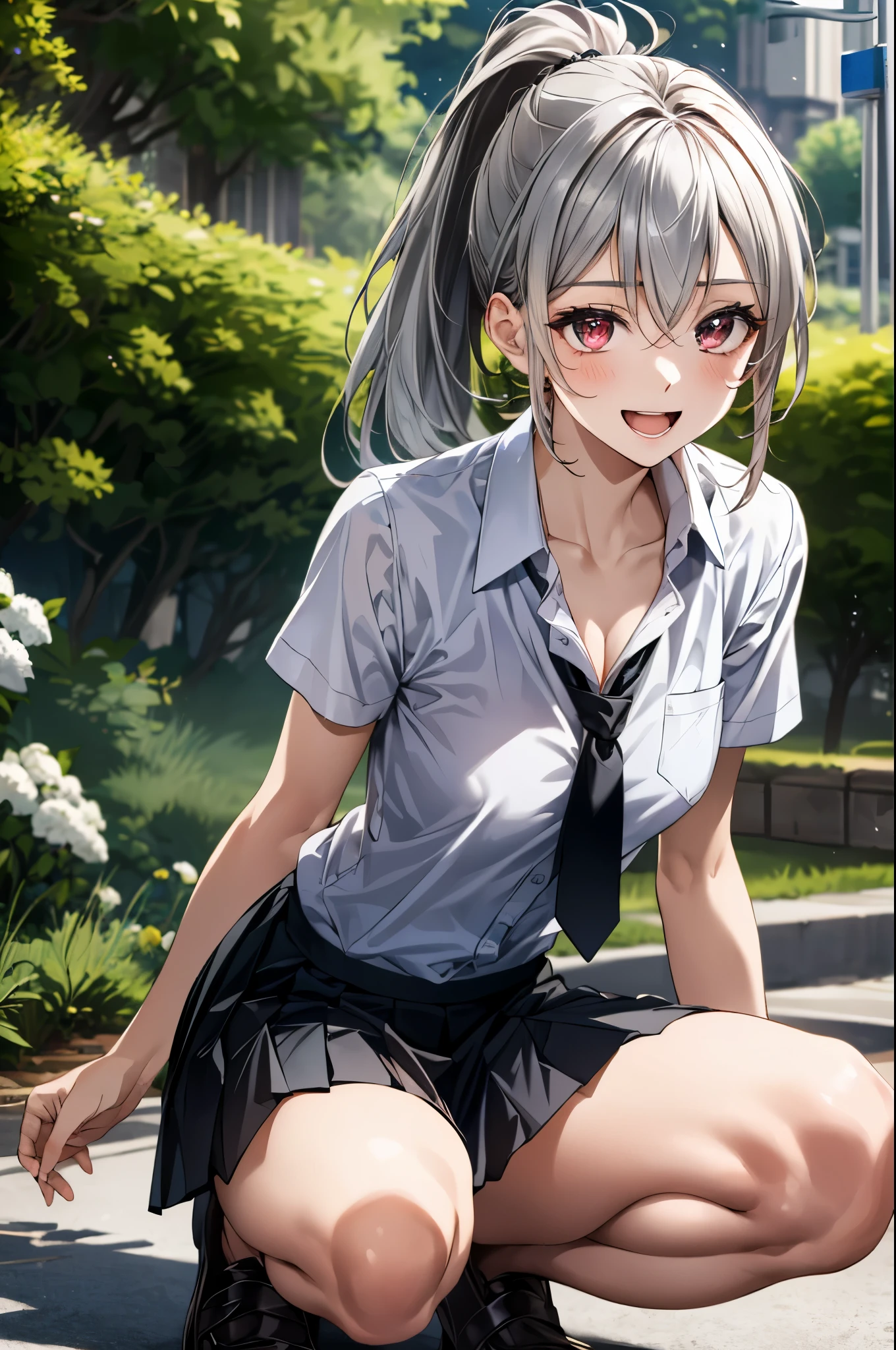(masterpiece:1.3, top-quality, ultra high res, ultra detailed), (realistic, photorealistic:1.4), beautiful illustration, perfect lighting, colorful, depth of fields, 
beautiful detailed hair, beautiful detailed face, beautiful detailed eyes, beautiful clavicle, beautiful body, beautiful , beautiful thigh, beautiful legs, beautiful fingers, 
looking at viewer, 1 girl, japanese, high school girl, perfect face, (perfect , anatomically correct), cute and symmetrical face, babyface, , shiny skin, 
(long hair:1.7, ponytail:1.6, silver hair), hair between eyes, dark red eyes, long eye lasher, (), slender, 
((collared short sleeve shirt, black pleated skirt, gray tie)), 
(beautiful scenery), evening, (park, cityscape in the distance), squatting, , (lovely smile, upper eyes, open mouth), 