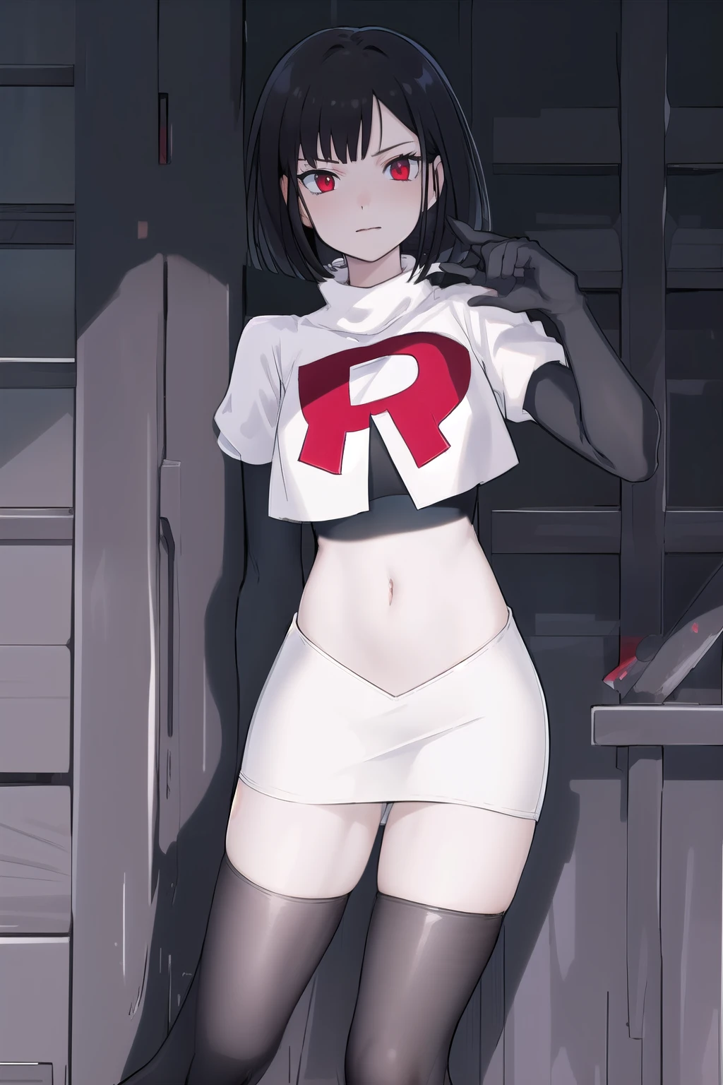 masterpiece, best quality, portrait, 1girl,  pale skin, black hair, bangs, short hair, red eyes, team rocket,team rocket uniform, red letter R, white skirt,white crop top,black thigh-highs, black elbow gloves,