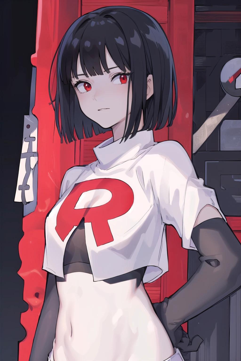 masterpiece, best quality, portrait, 1girl,  pale skin, black hair, bangs, short hair, red eyes, team rocket,team rocket uniform, red letter R, white skirt,white crop top,black thigh-highs, black elbow gloves,