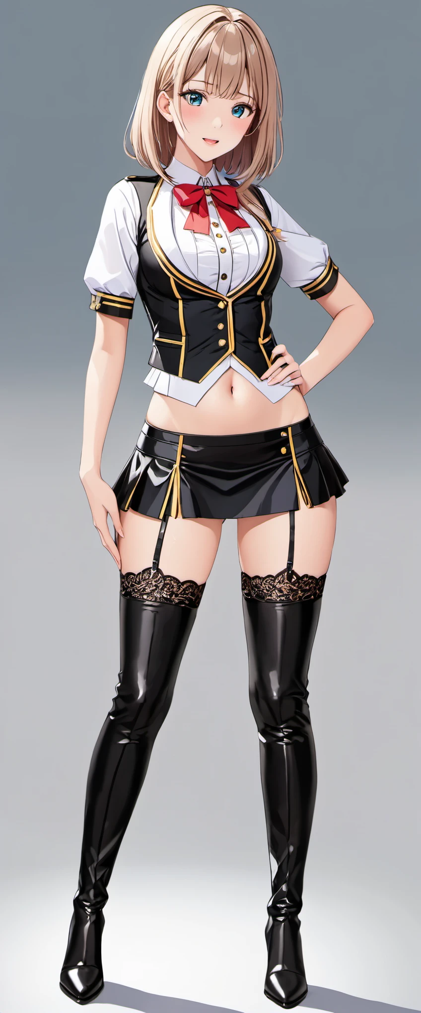 High resolution, adult woman , good lighting, despicable, , (No nudity), (((Shiny navel-baring lace queen uniform))), (()), (((leather thigh high boots))), (garter belt), abdomen only, (wet shorts),  ,  cute face, I&#39;m embarrassed and blush, humiliating, ((turn around and look back)), ((mini skirt))(race track)(T-back)(a large amount of  is on the body,)